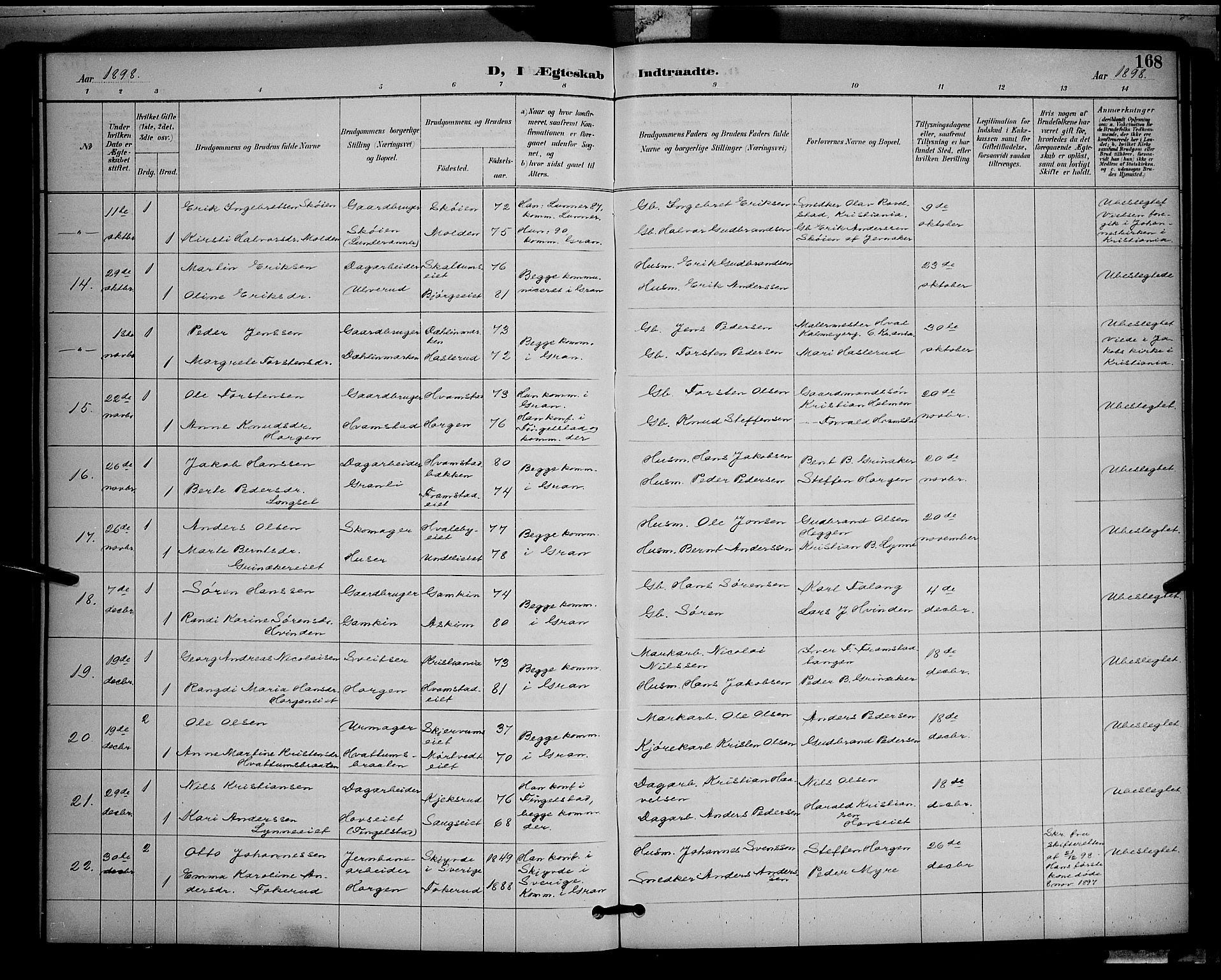 Gran prestekontor, AV/SAH-PREST-112/H/Ha/Hab/L0005: Parish register (copy) no. 5, 1892-1900, p. 168