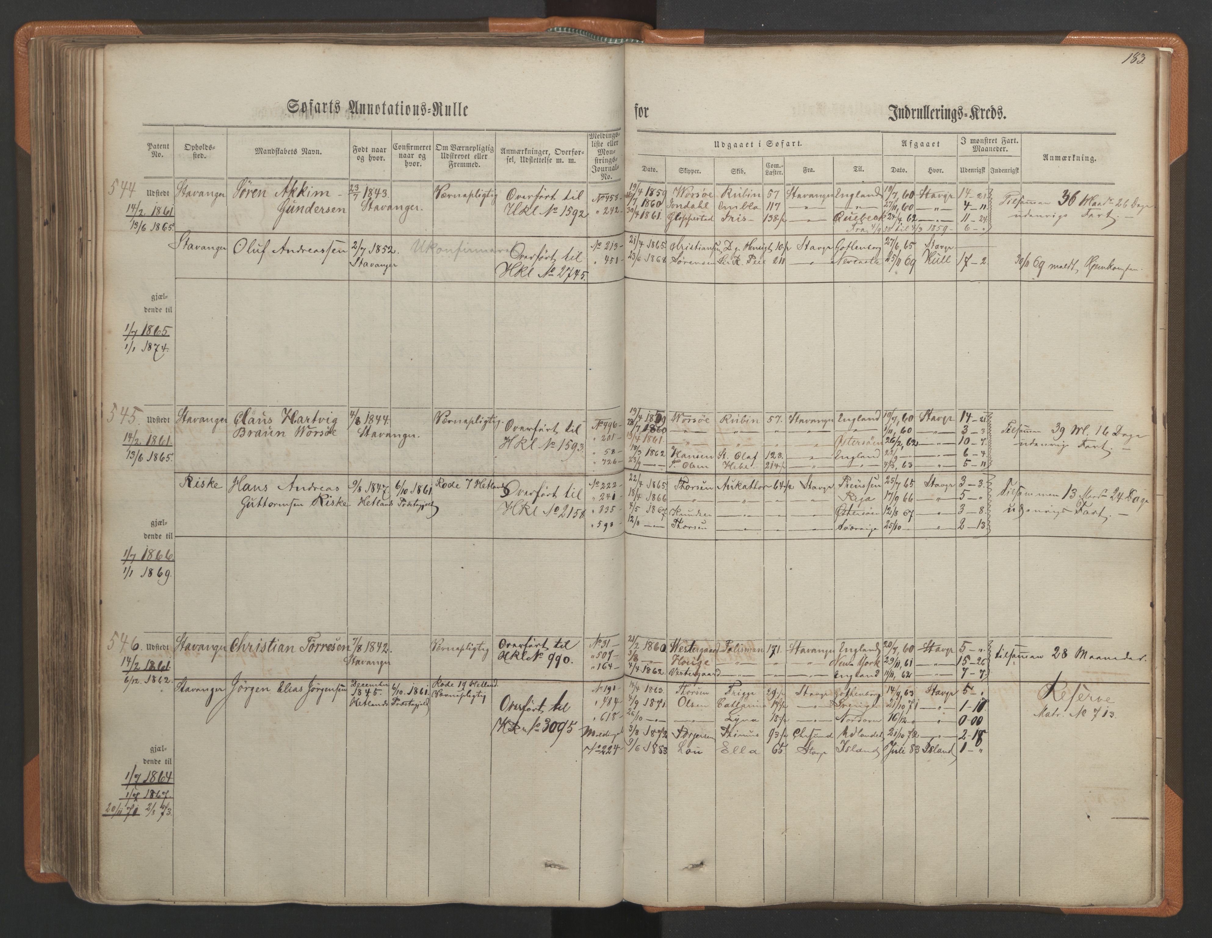 Stavanger sjømannskontor, AV/SAST-A-102006/F/Ff/L0001: Annotasjonsrulle, patentnr. 1-597 (del 1), 1860-1864, p. 193