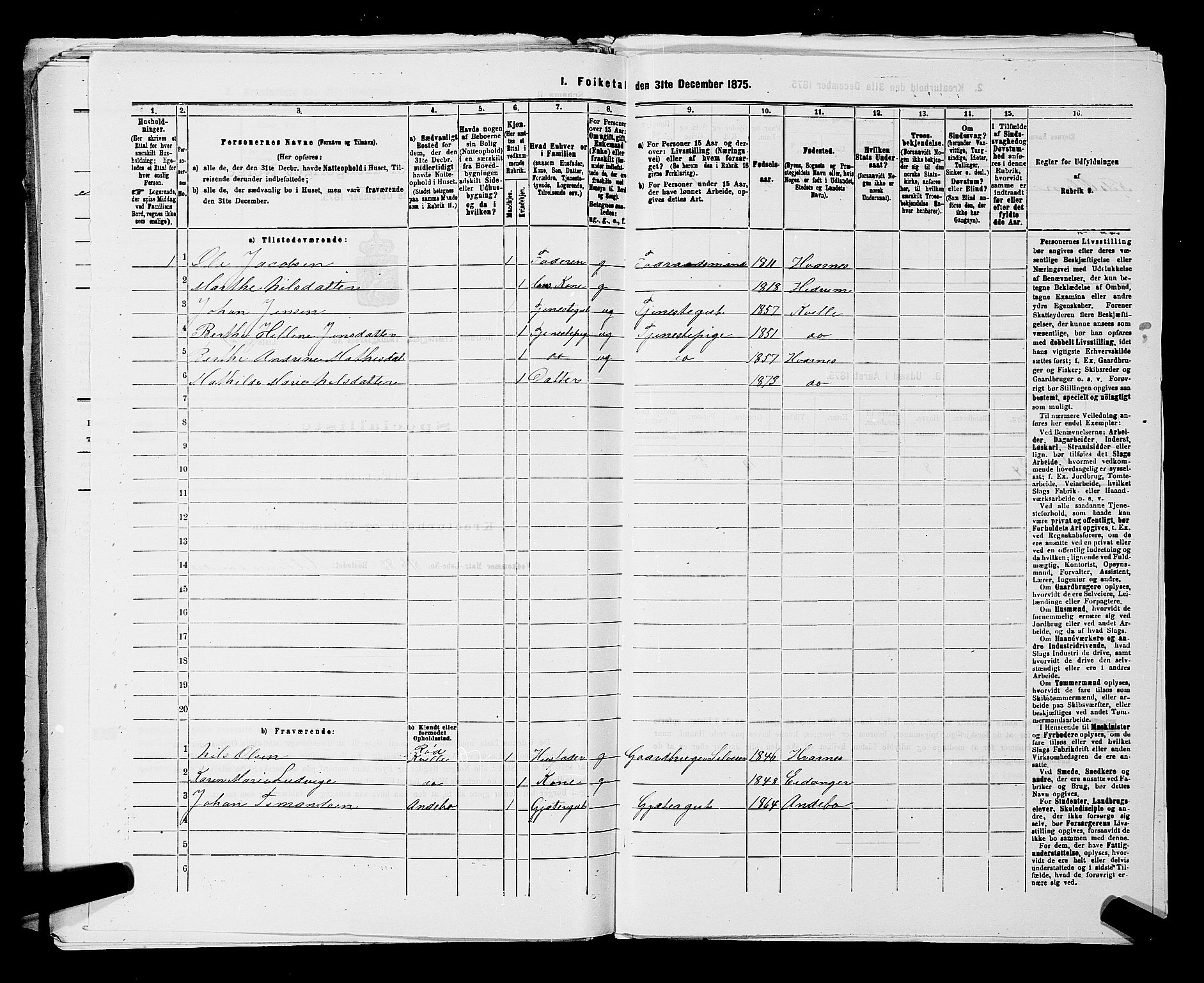 SAKO, 1875 census for 0727P Hedrum, 1875, p. 1158