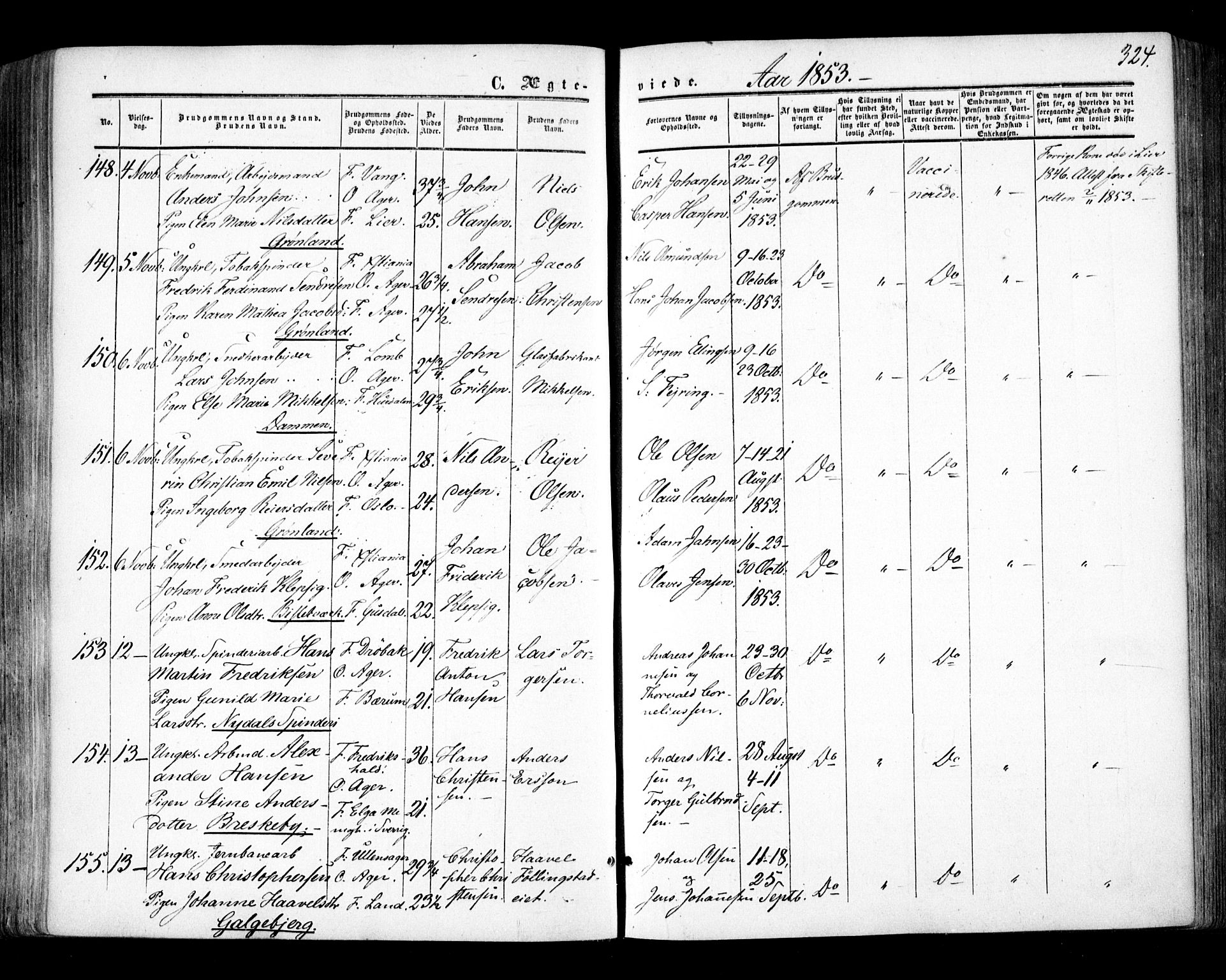 Aker prestekontor kirkebøker, AV/SAO-A-10861/F/L0020: Parish register (official) no. 20, 1853-1857, p. 324