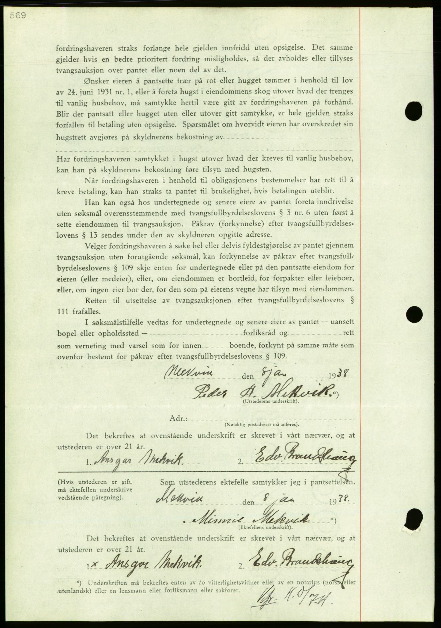 Nordmøre sorenskriveri, AV/SAT-A-4132/1/2/2Ca/L0092: Mortgage book no. B82, 1937-1938, Diary no: : 92/1938