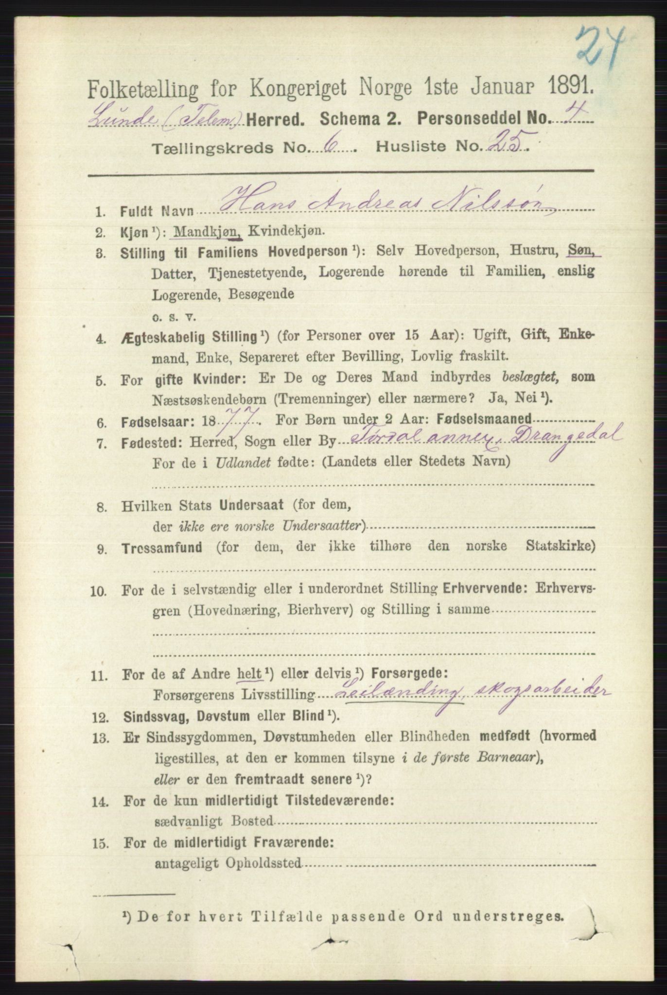 RA, 1891 census for 0820 Lunde, 1891, p. 2173