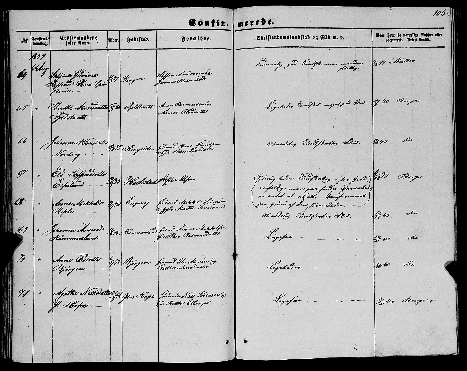 Fana Sokneprestembete, SAB/A-75101/H/Haa/Haaa/L0011: Parish register (official) no. A 11, 1851-1862, p. 106