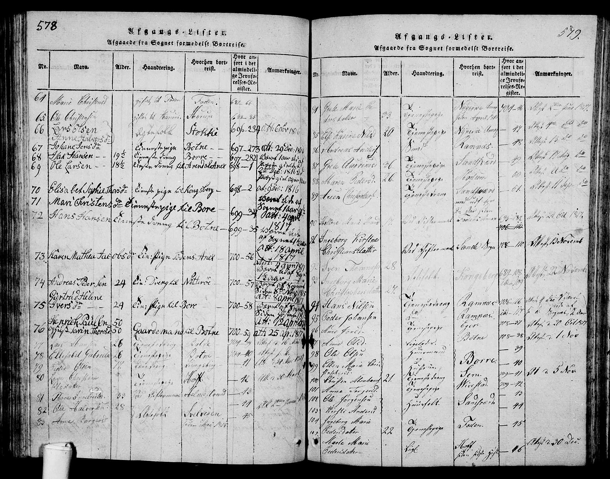 Våle kirkebøker, AV/SAKO-A-334/G/Ga/L0001: Parish register (copy) no. I 1, 1814-1824, p. 578-579