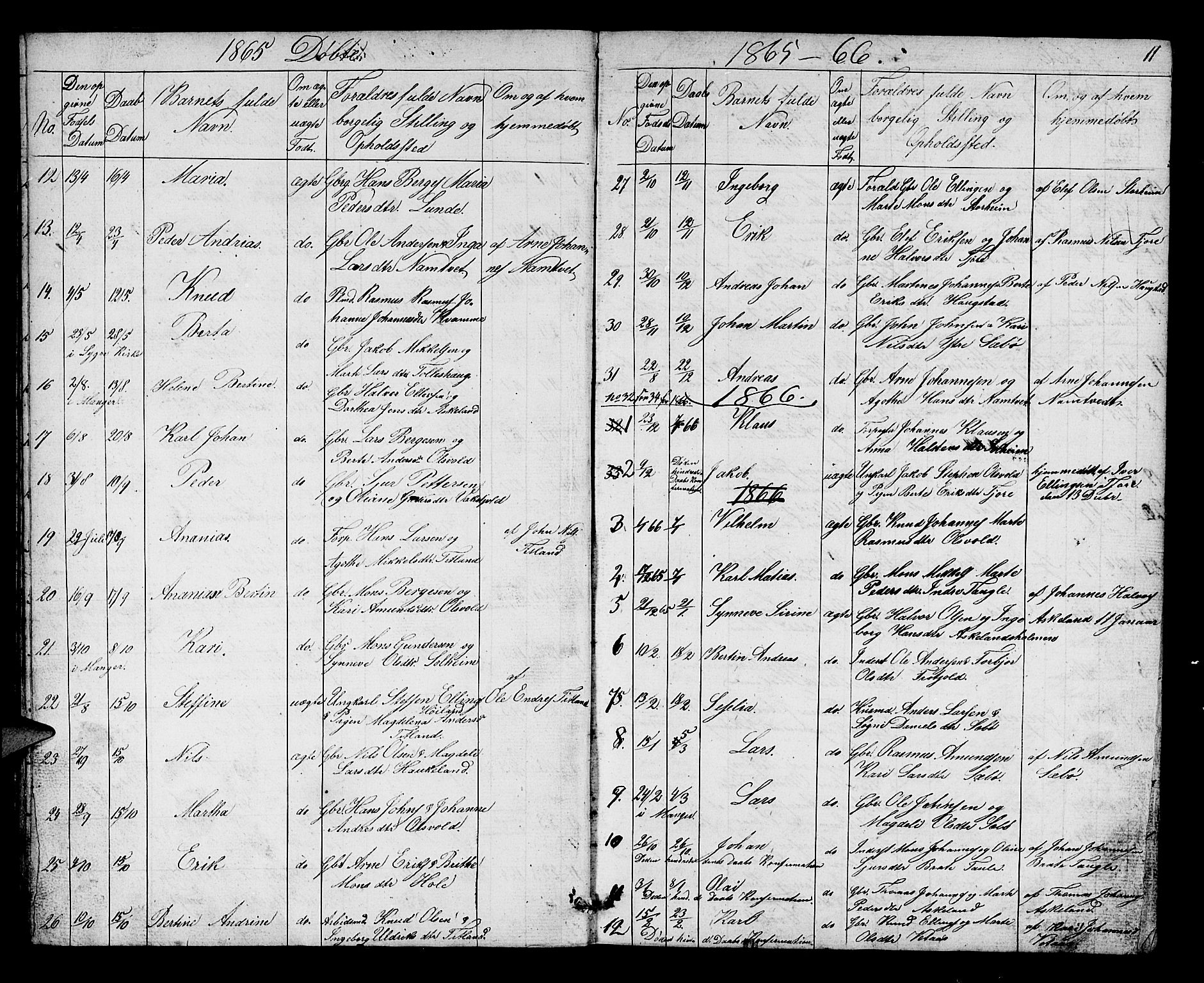 Manger sokneprestembete, SAB/A-76801/H/Hab: Parish register (copy) no. D 1, 1859-1882, p. 11