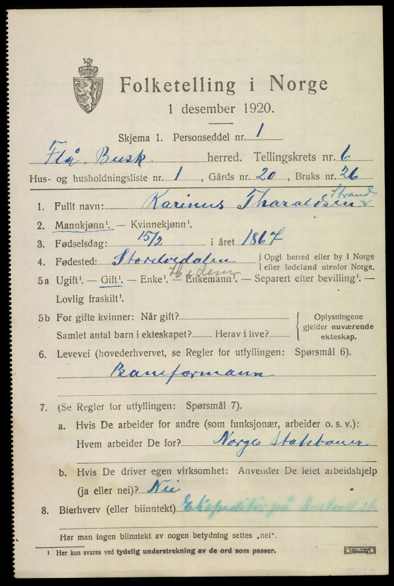 SAKO, 1920 census for Flå, 1920, p. 3567
