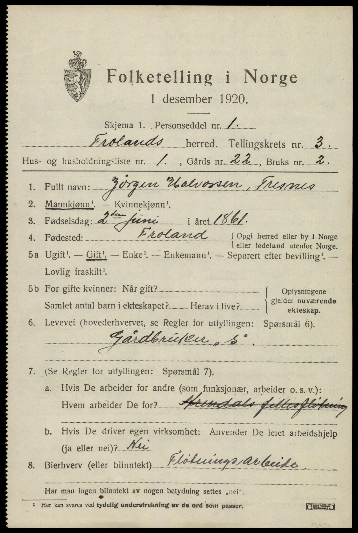 SAK, 1920 census for Froland, 1920, p. 2621