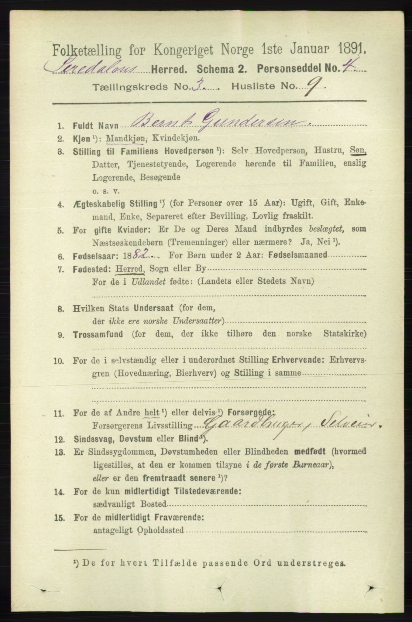 RA, 1891 census for 1046 Sirdal, 1891, p. 719