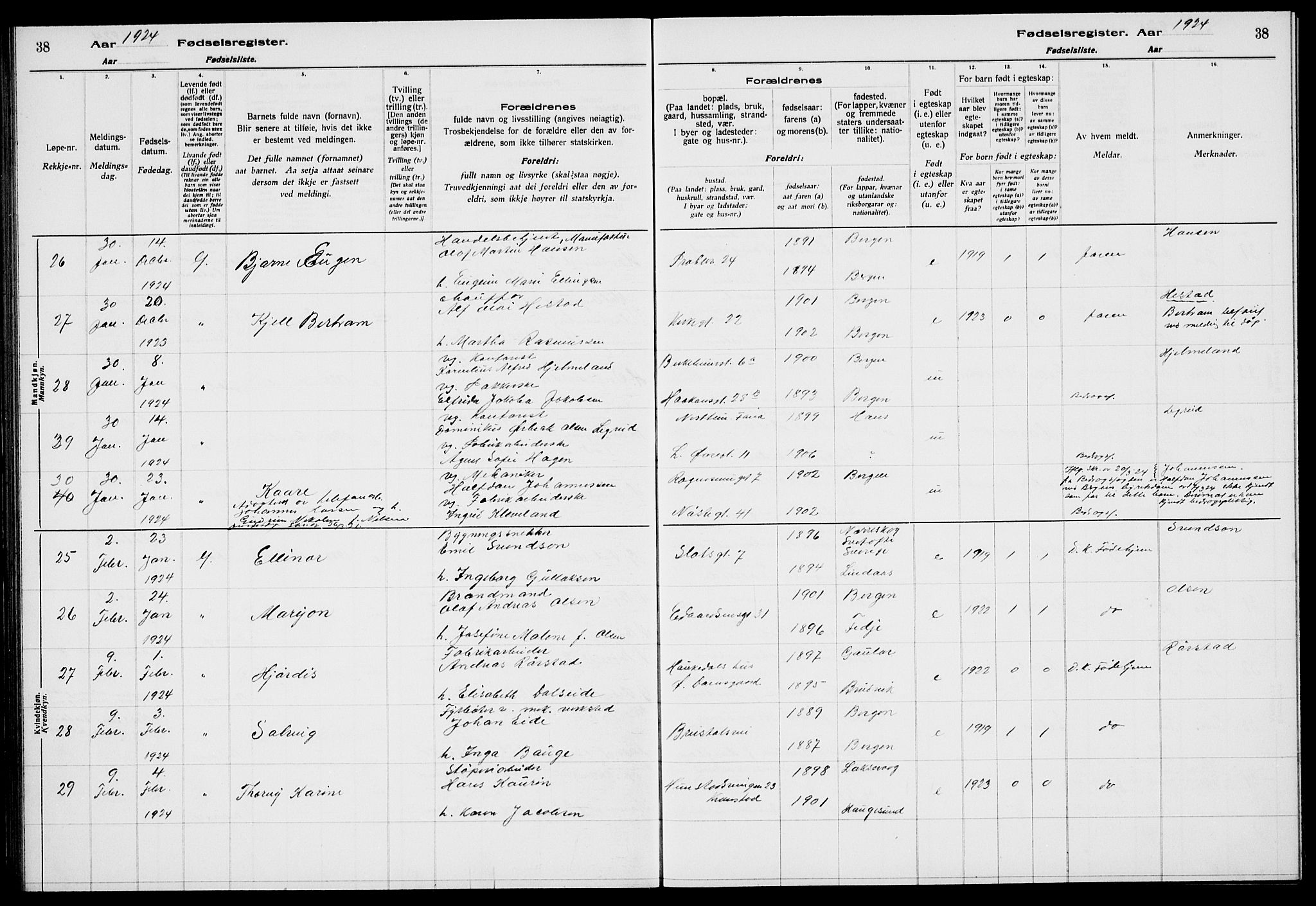 Sandviken Sokneprestembete, AV/SAB-A-77601/I/Ib/L00A3: Birth register no. A 3, 1923-1926, p. 38