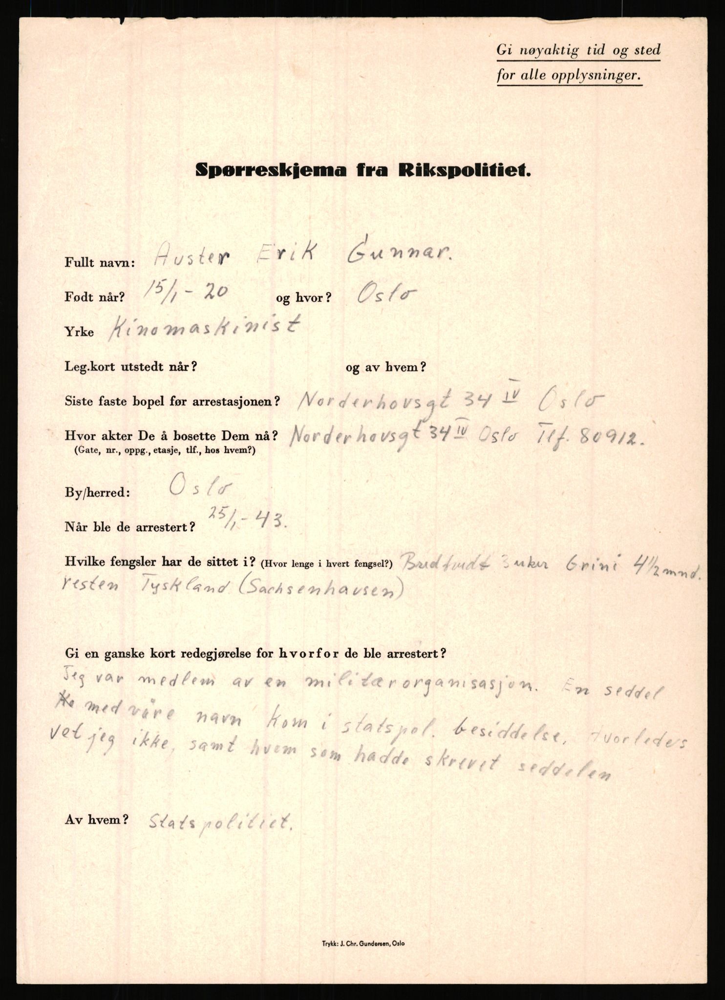 Rikspolitisjefen, AV/RA-S-1560/L/L0001: Abelseth, Rudolf - Berentsen, Odd, 1940-1945, p. 1041