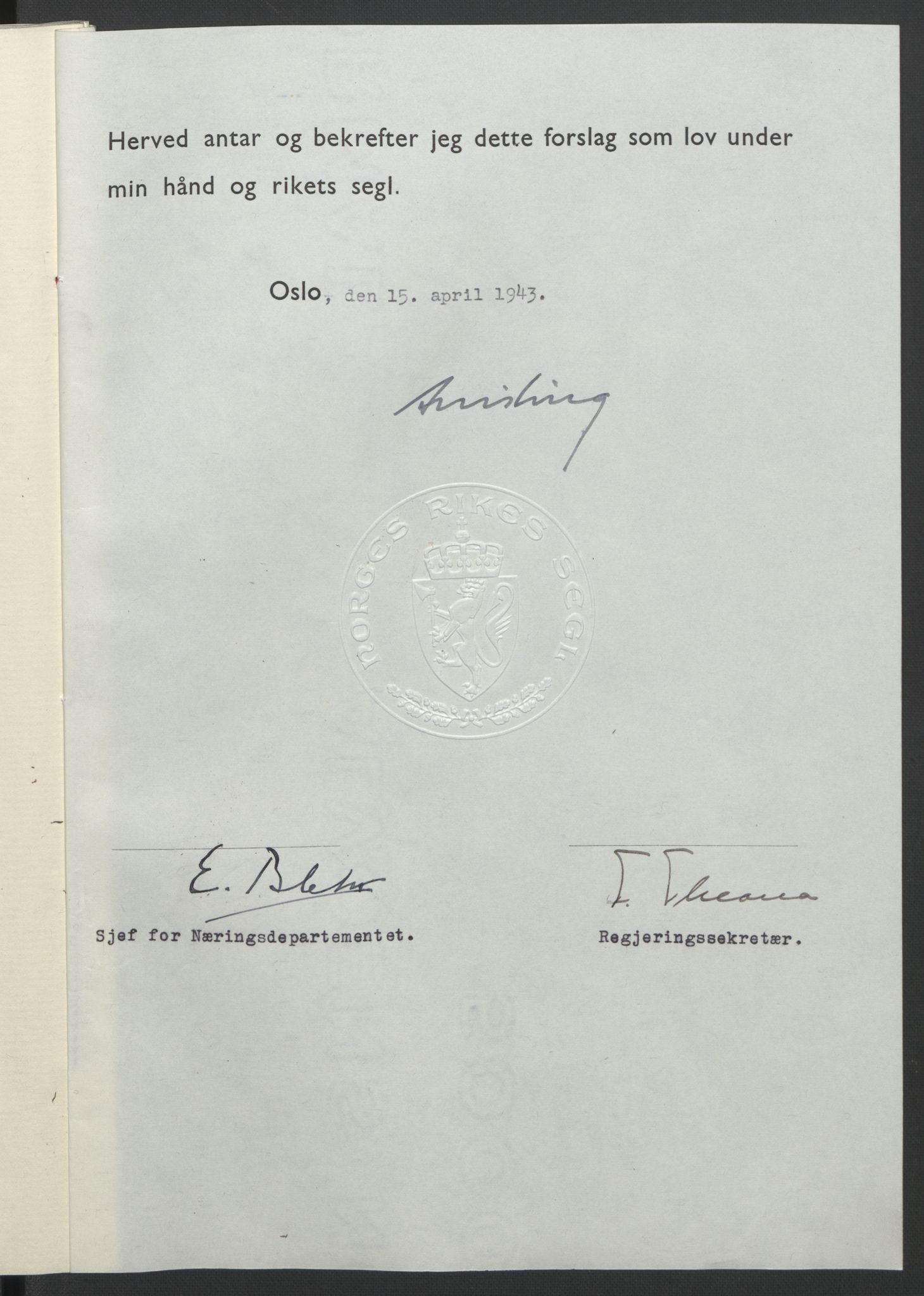 NS-administrasjonen 1940-1945 (Statsrådsekretariatet, de kommisariske statsråder mm), RA/S-4279/D/Db/L0099: Lover, 1943, p. 292