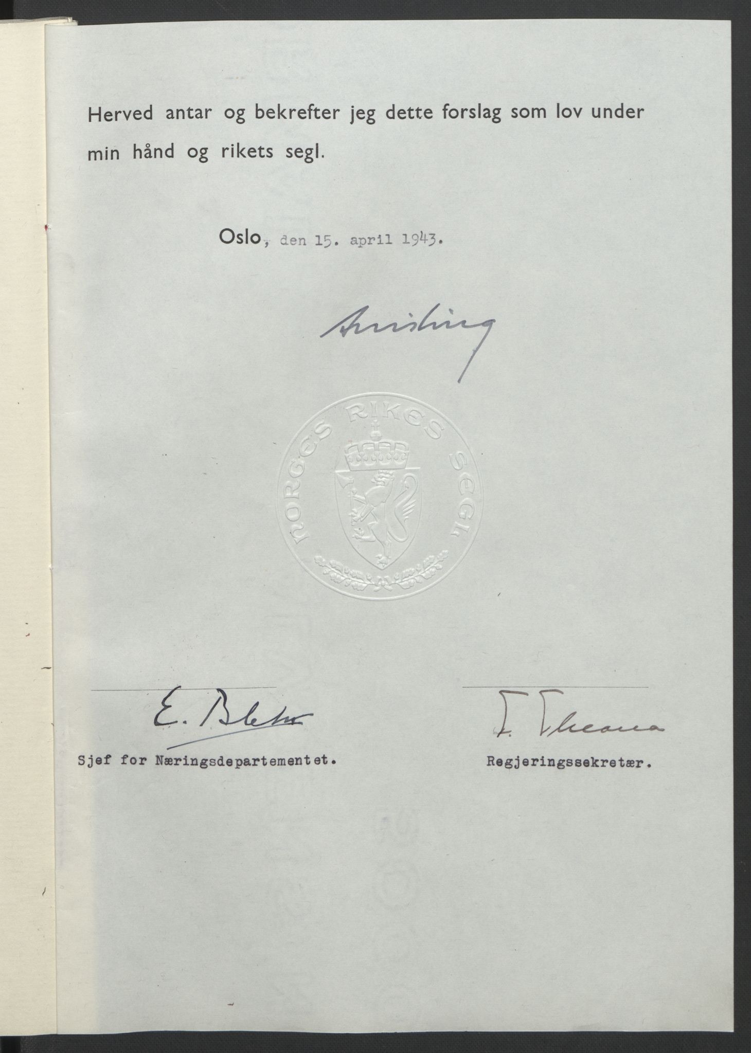 NS-administrasjonen 1940-1945 (Statsrådsekretariatet, de kommisariske statsråder mm), AV/RA-S-4279/D/Db/L0099: Lover, 1943, p. 292