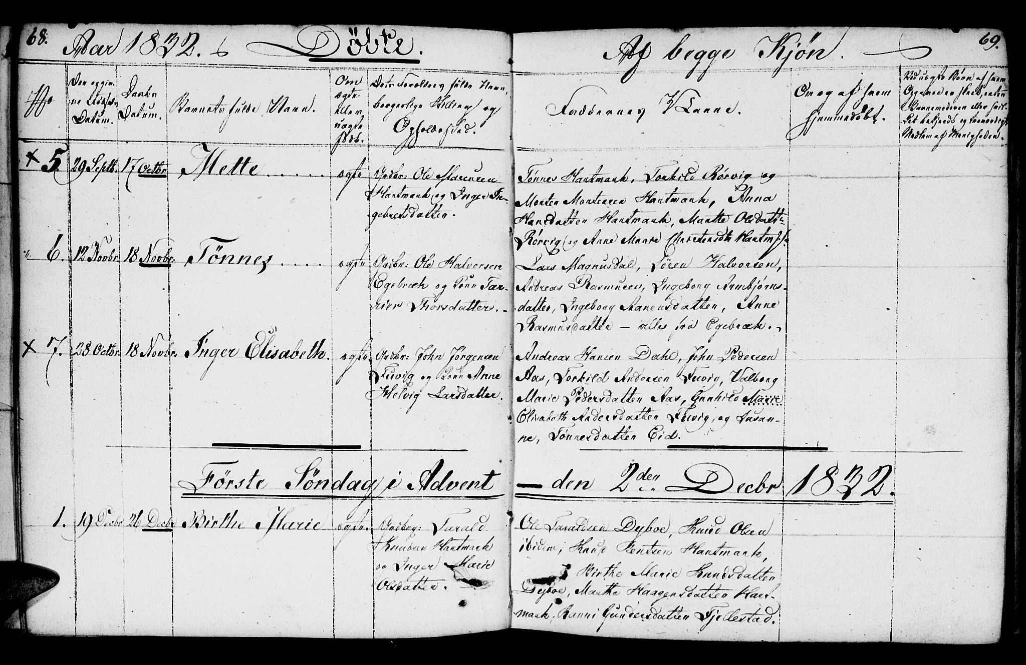 Mandal sokneprestkontor, SAK/1111-0030/F/Fb/Fbb/L0001: Parish register (copy) no. B 1, 1802-1846, p. 68-69