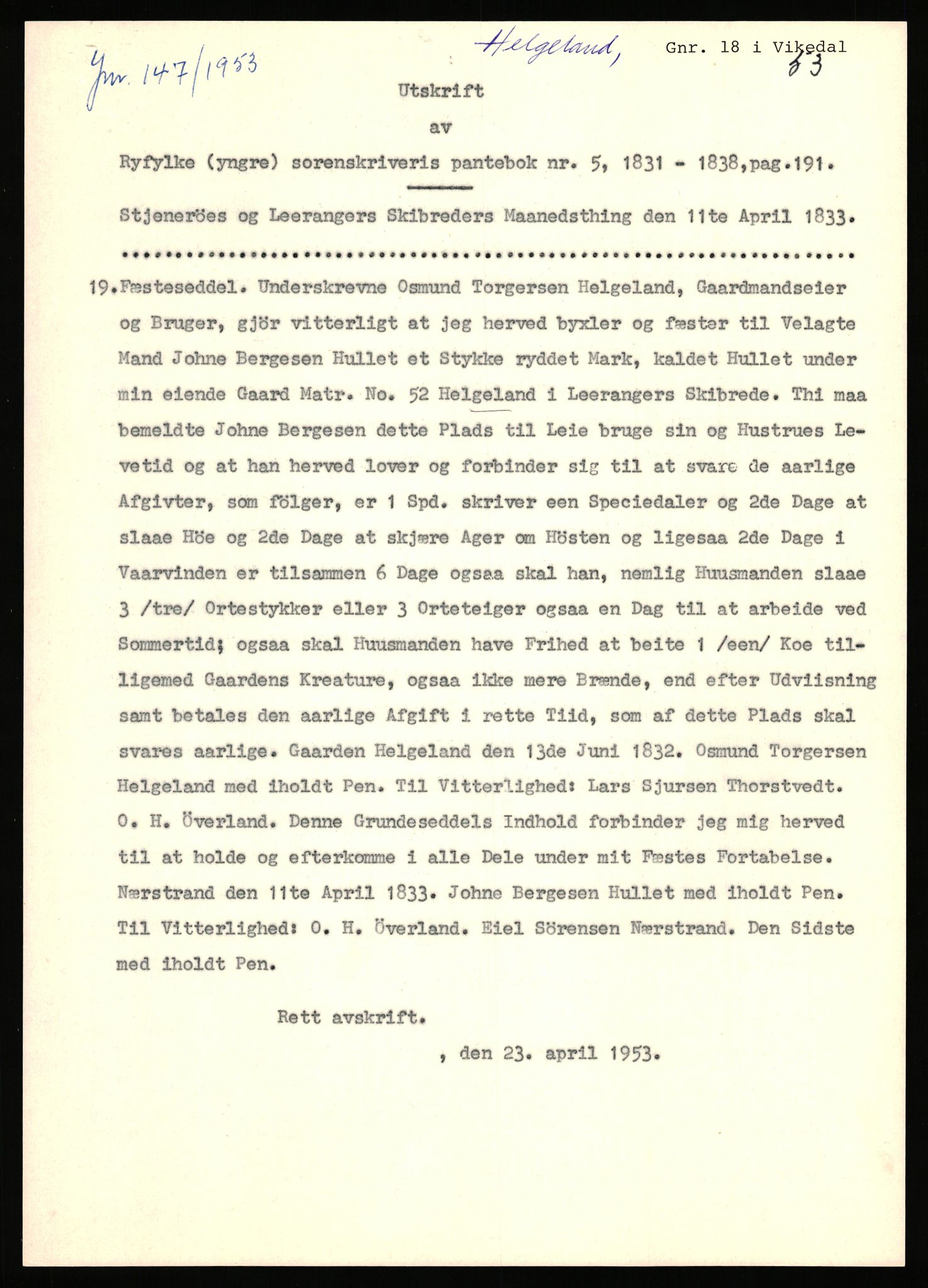 Statsarkivet i Stavanger, AV/SAST-A-101971/03/Y/Yj/L0034: Avskrifter sortert etter gårdsnavn: Helgeland i Bjerkreim - Helle nedre, 1750-1930, p. 62