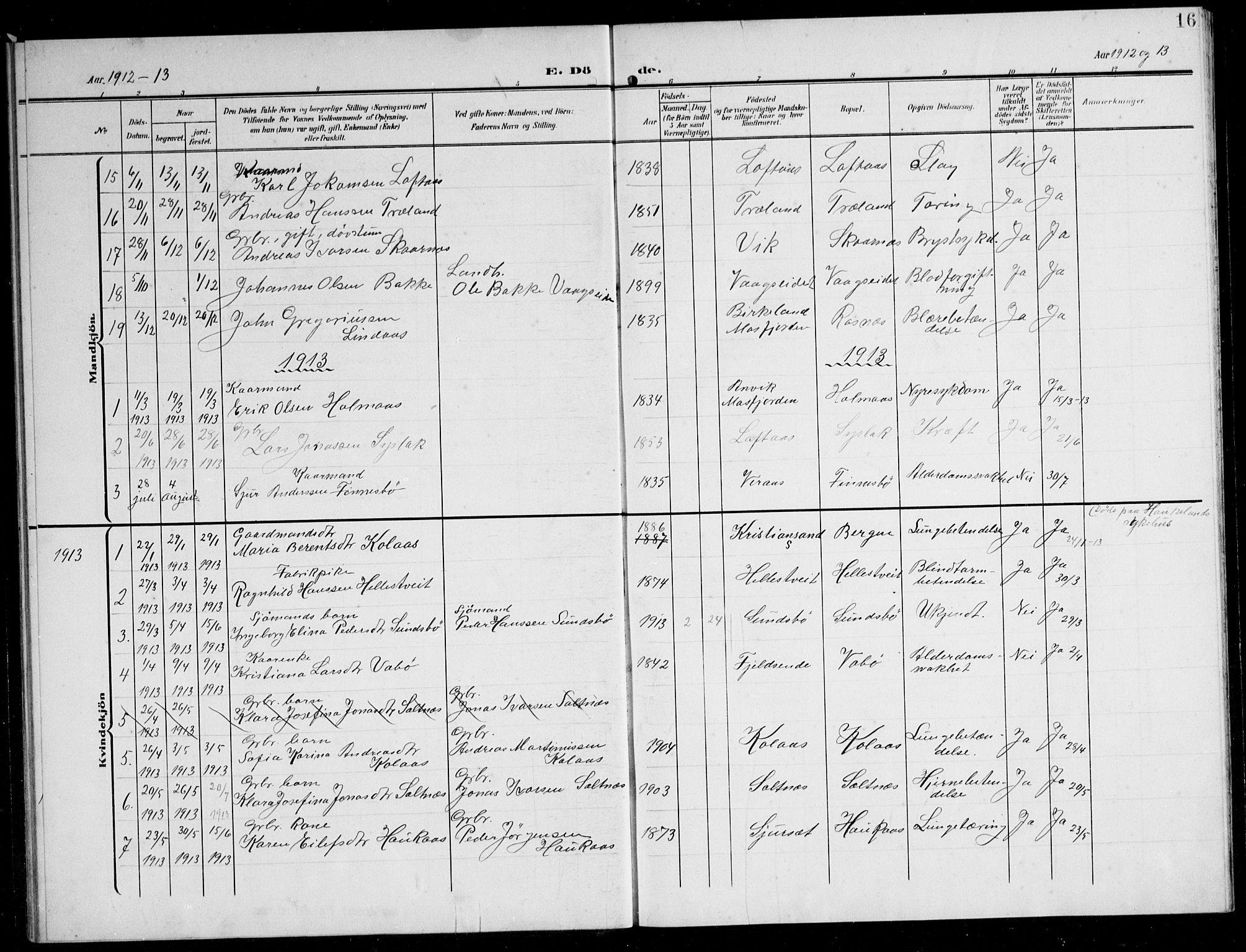 Lindås Sokneprestembete, SAB/A-76701/H/Hab: Parish register (copy) no. B 6, 1906-1944, p. 16