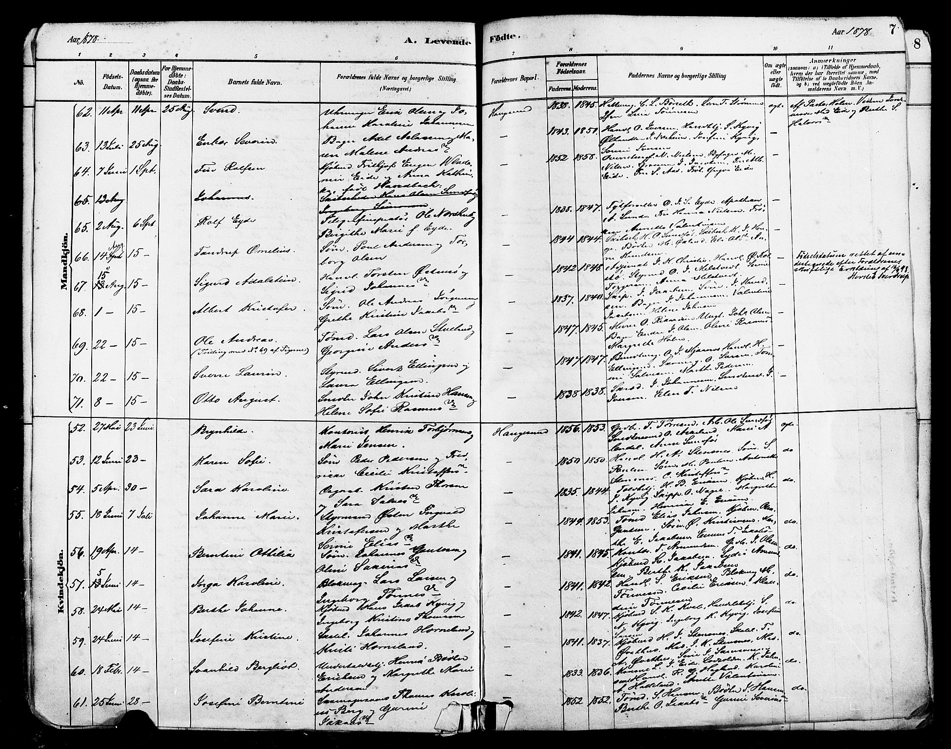 Haugesund sokneprestkontor, SAST/A -101863/H/Ha/Haa/L0001: Parish register (official) no. A 1, 1878-1885, p. 7