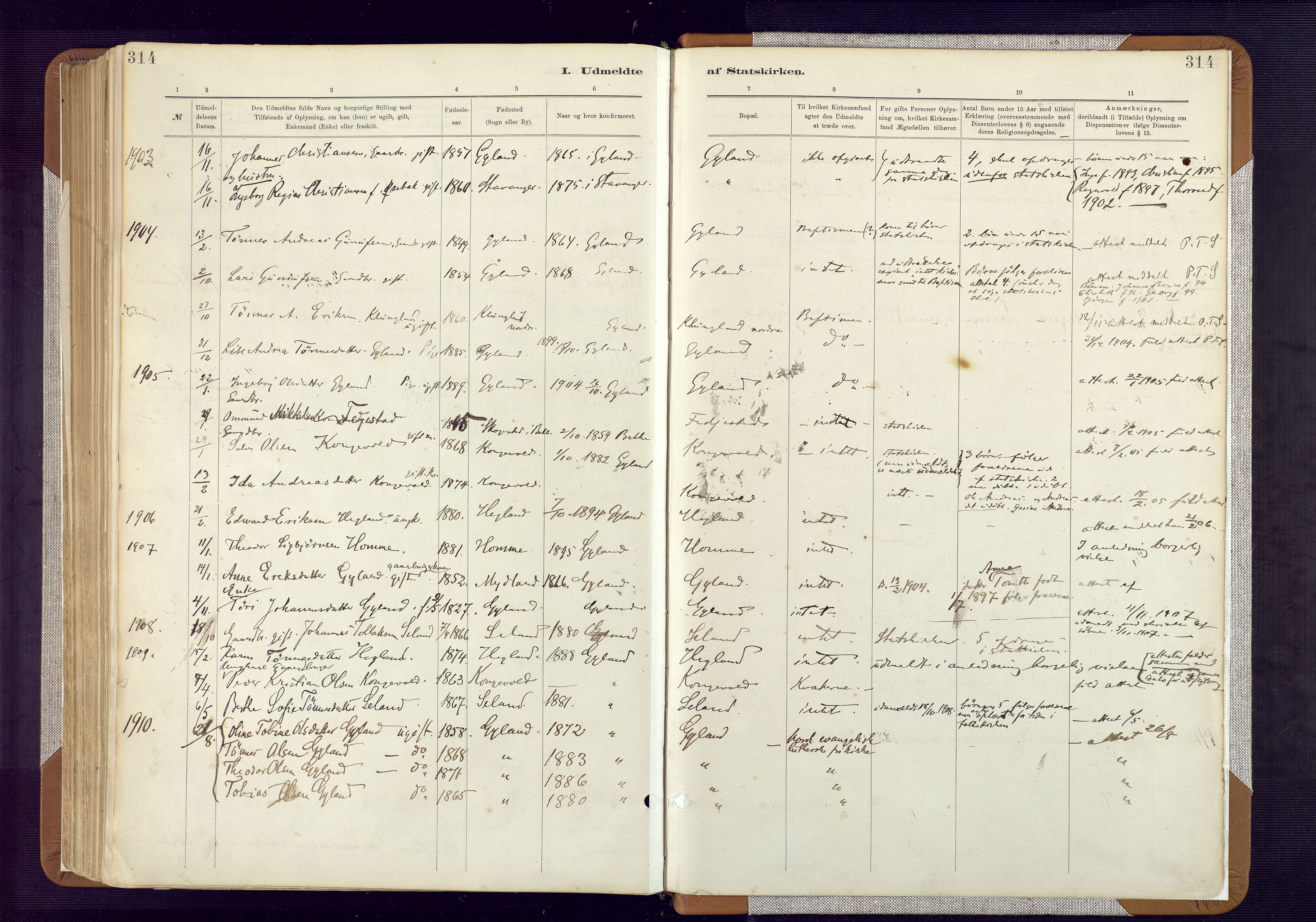 Bakke sokneprestkontor, SAK/1111-0002/F/Fa/Fab/L0003: Parish register (official) no. A 3, 1884-1921, p. 314