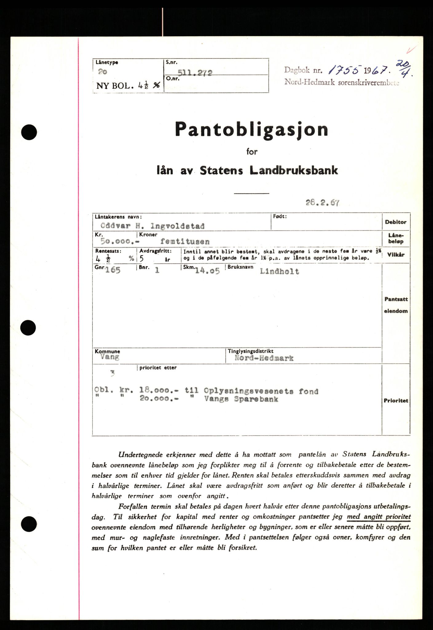 Nord-Hedmark sorenskriveri, SAH/TING-012/H/Hb/Hbf/L0071: Mortgage book no. B71, 1967-1967, Diary no: : 1755/1967