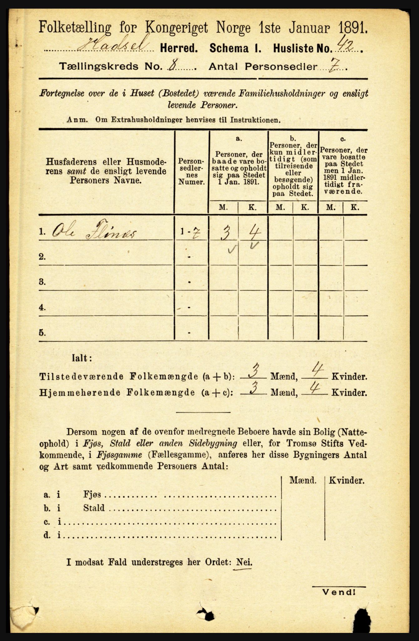RA, 1891 census for 1866 Hadsel, 1891, p. 3573