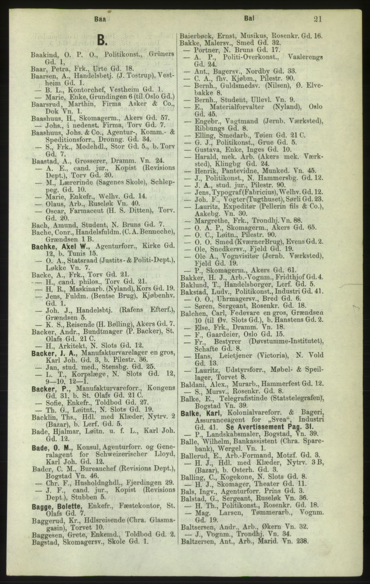 Kristiania/Oslo adressebok, PUBL/-, 1882, p. 21