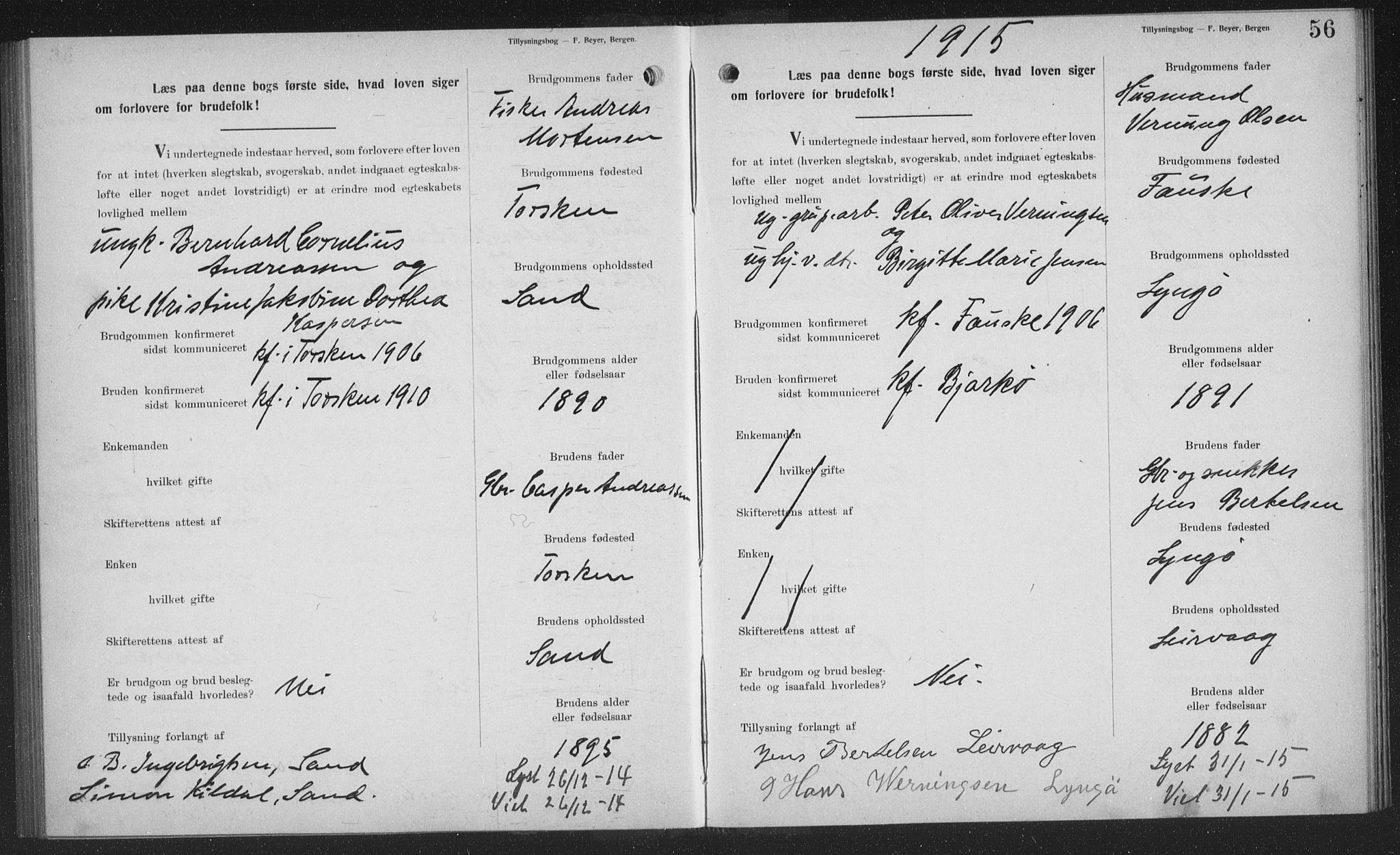 Sand/Bjarkøy sokneprestkontor, SATØ/S-0811/J/Jb/L0024: Banns register no. 24, 1905-1917, p. 56