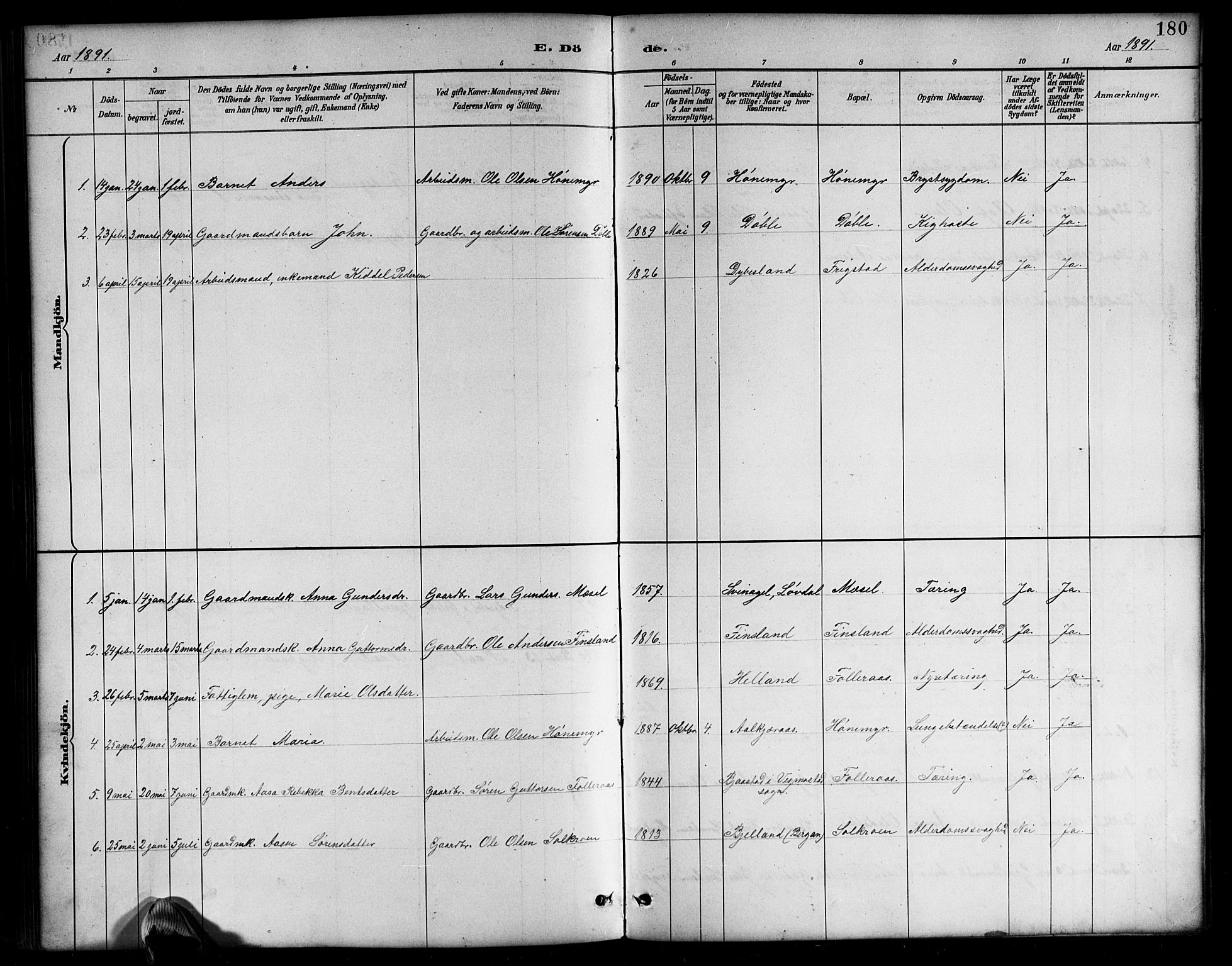 Bjelland sokneprestkontor, SAK/1111-0005/F/Fb/Fbb/L0005: Parish register (copy) no. B 5, 1887-1918, p. 180