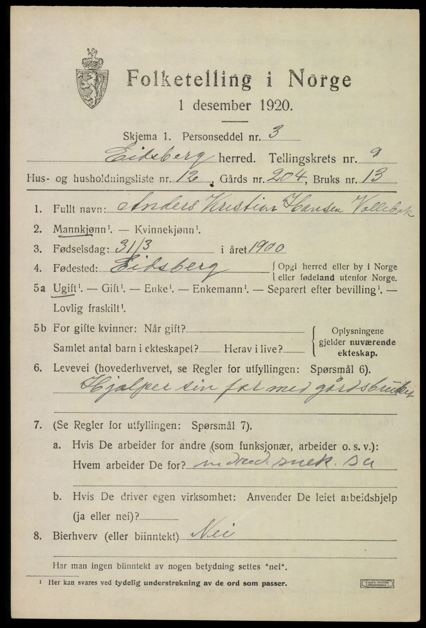 SAO, 1920 census for Eidsberg, 1920, p. 10589