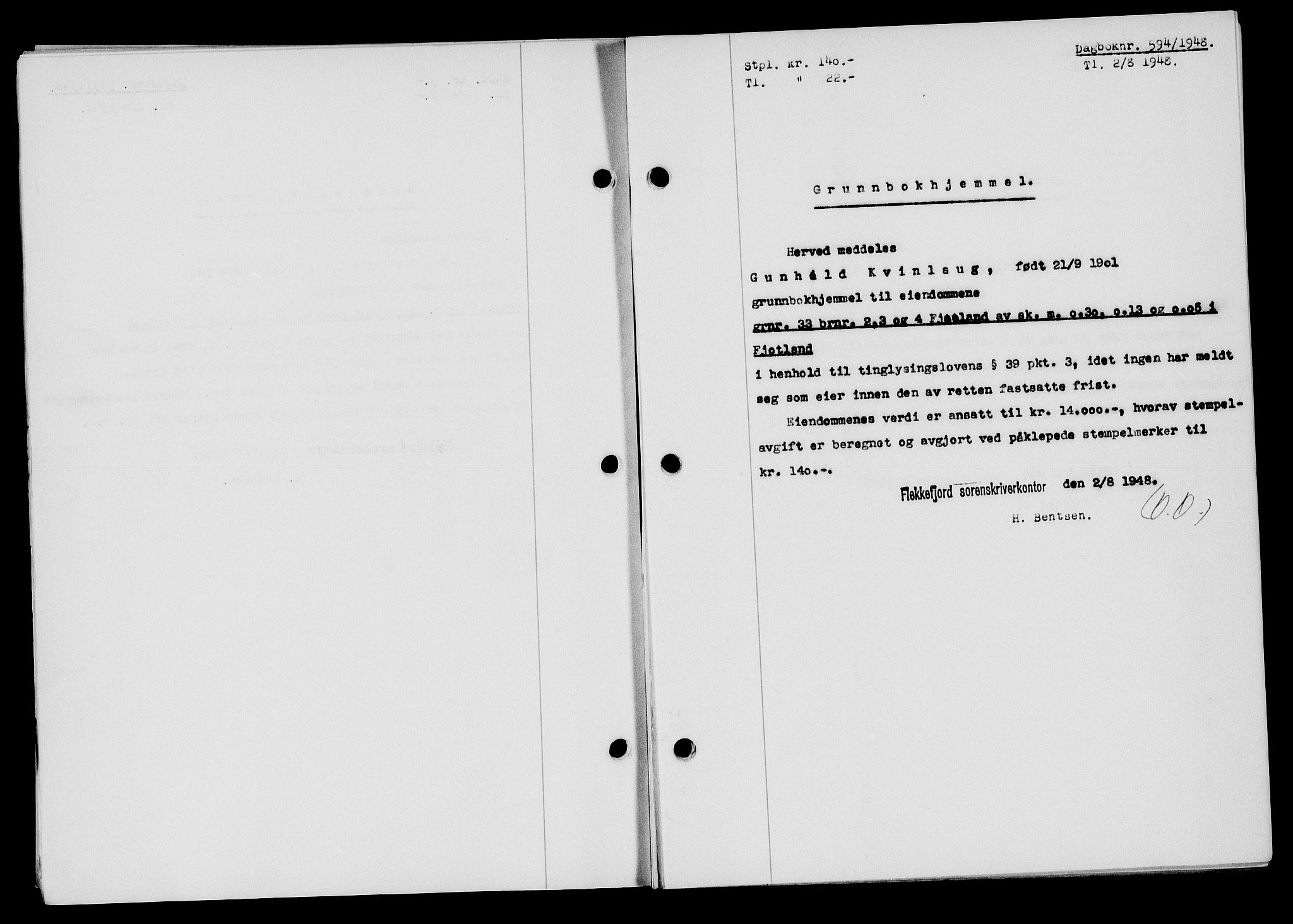 Flekkefjord sorenskriveri, SAK/1221-0001/G/Gb/Gba/L0064: Mortgage book no. A-12, 1948-1949, Diary no: : 594/1948