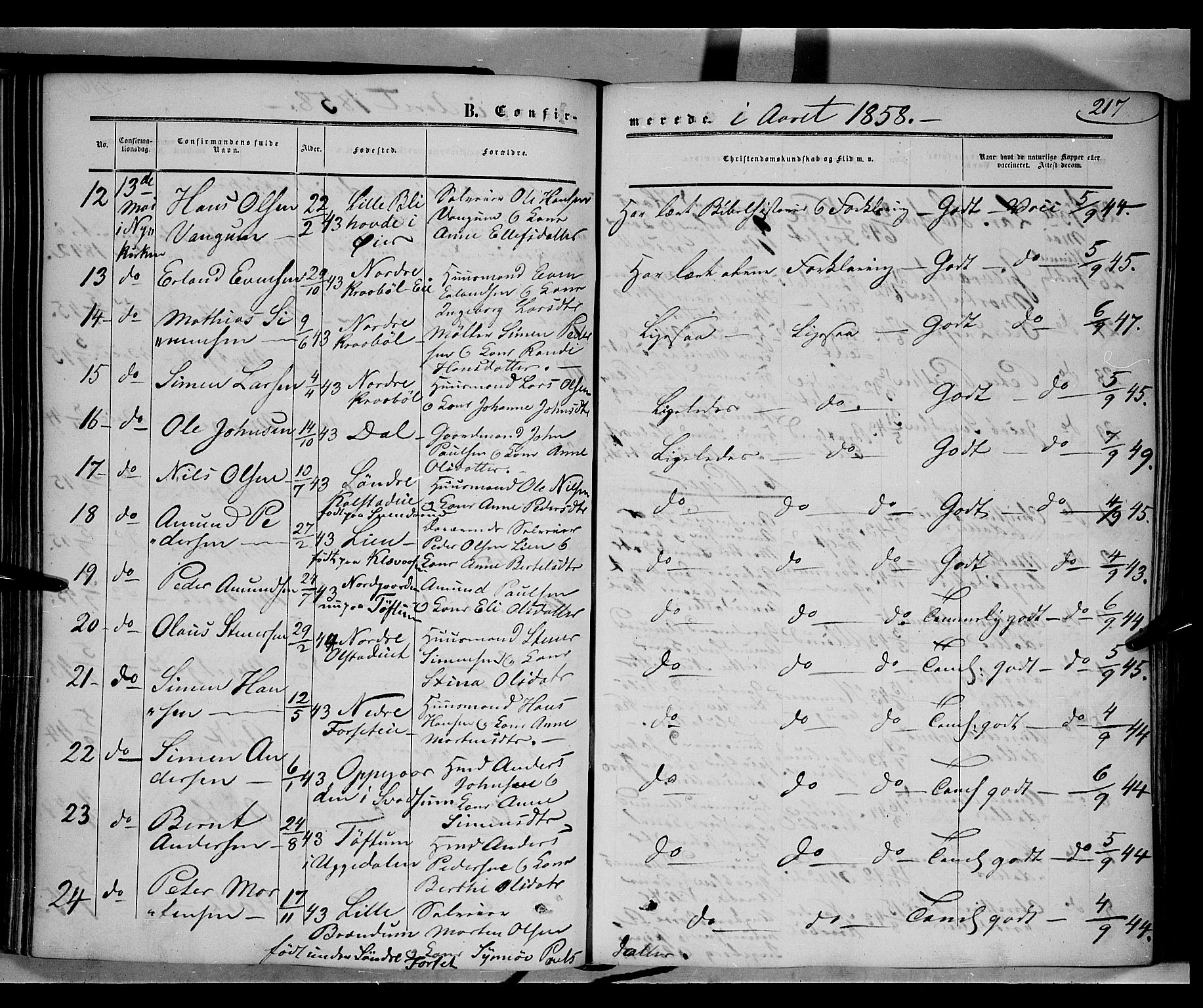 Gausdal prestekontor, SAH/PREST-090/H/Ha/Haa/L0008: Parish register (official) no. 8, 1850-1861, p. 217