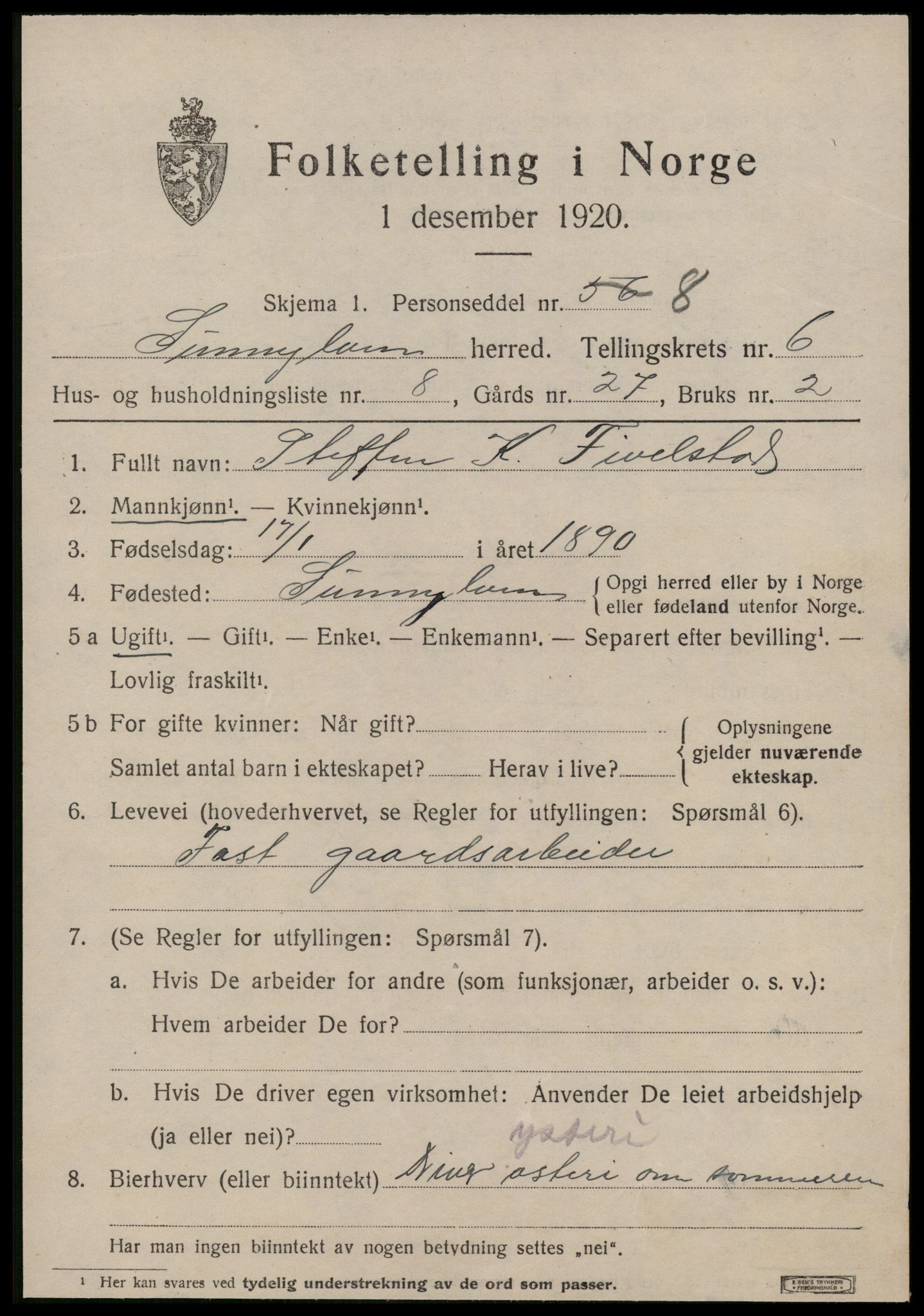 SAT, 1920 census for Sunnylven, 1920, p. 2536