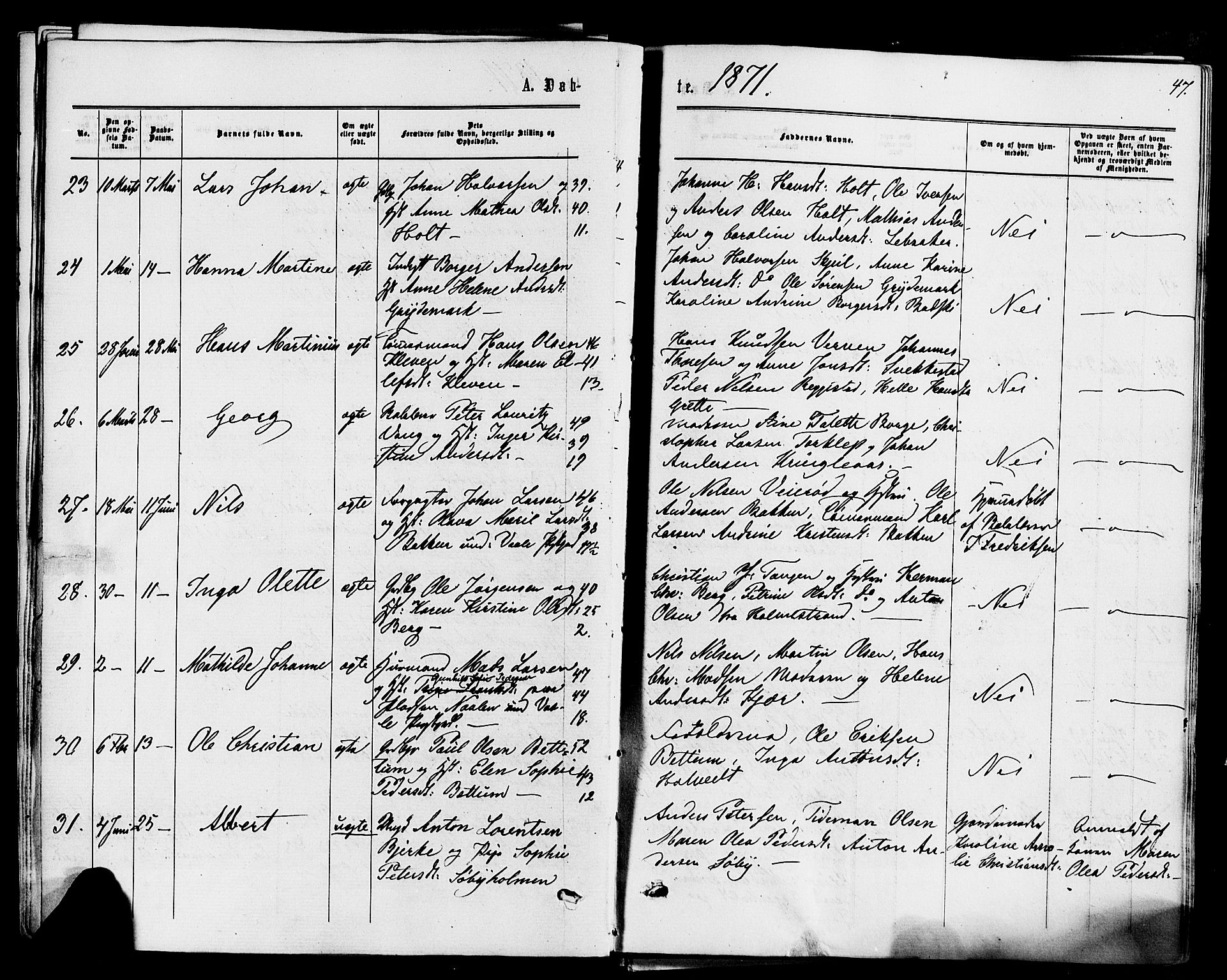 Våle kirkebøker, SAKO/A-334/F/Fa/L0010: Parish register (official) no. I 10, 1861-1877, p. 47