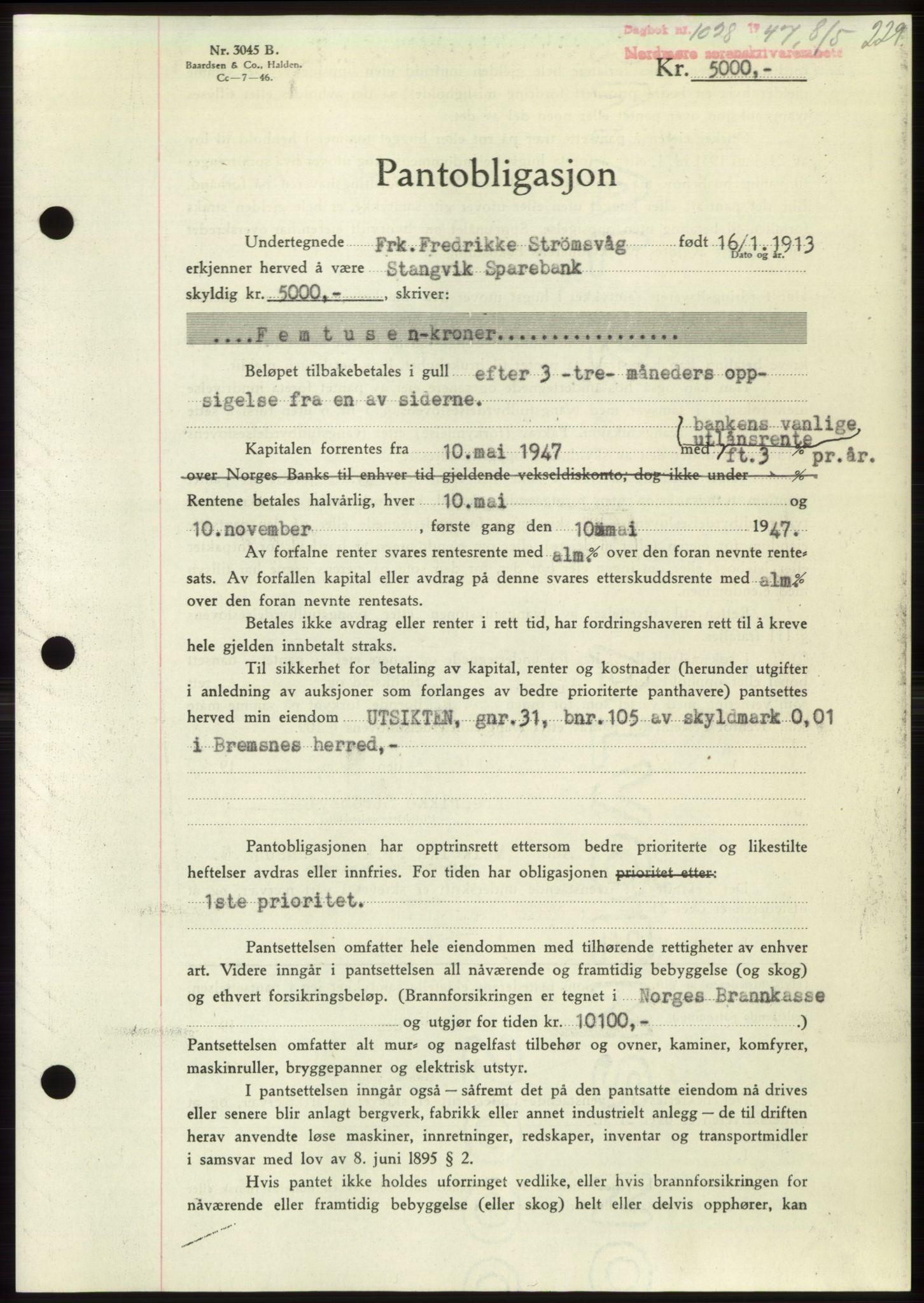 Nordmøre sorenskriveri, AV/SAT-A-4132/1/2/2Ca: Mortgage book no. B96, 1947-1947, Diary no: : 1028/1947