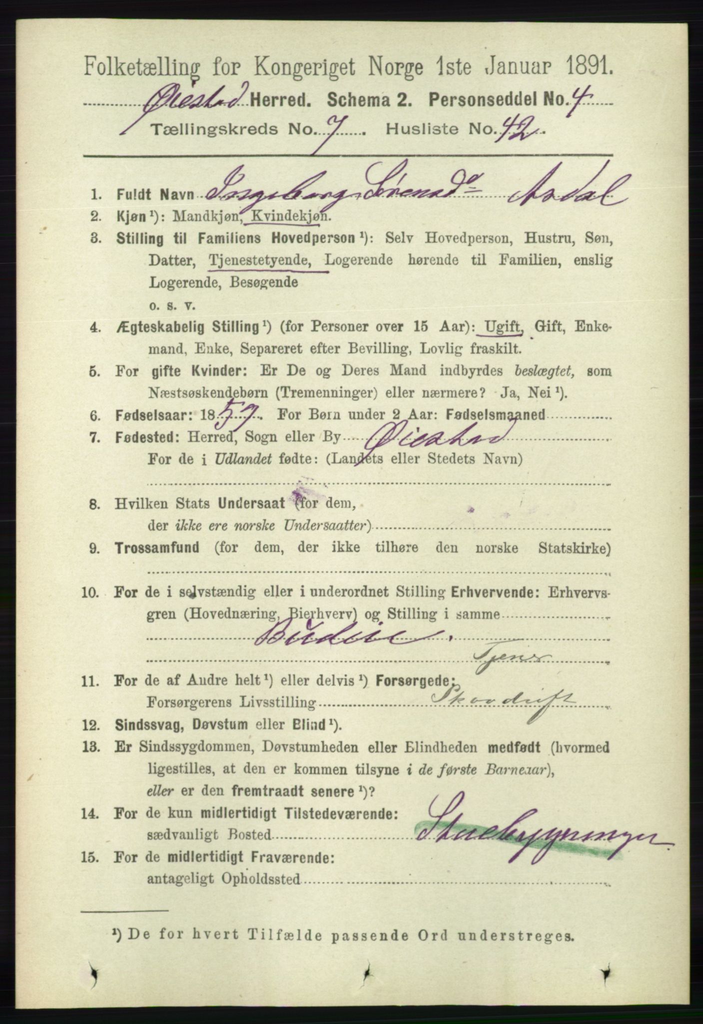 RA, 1891 census for 0920 Øyestad, 1891, p. 2897