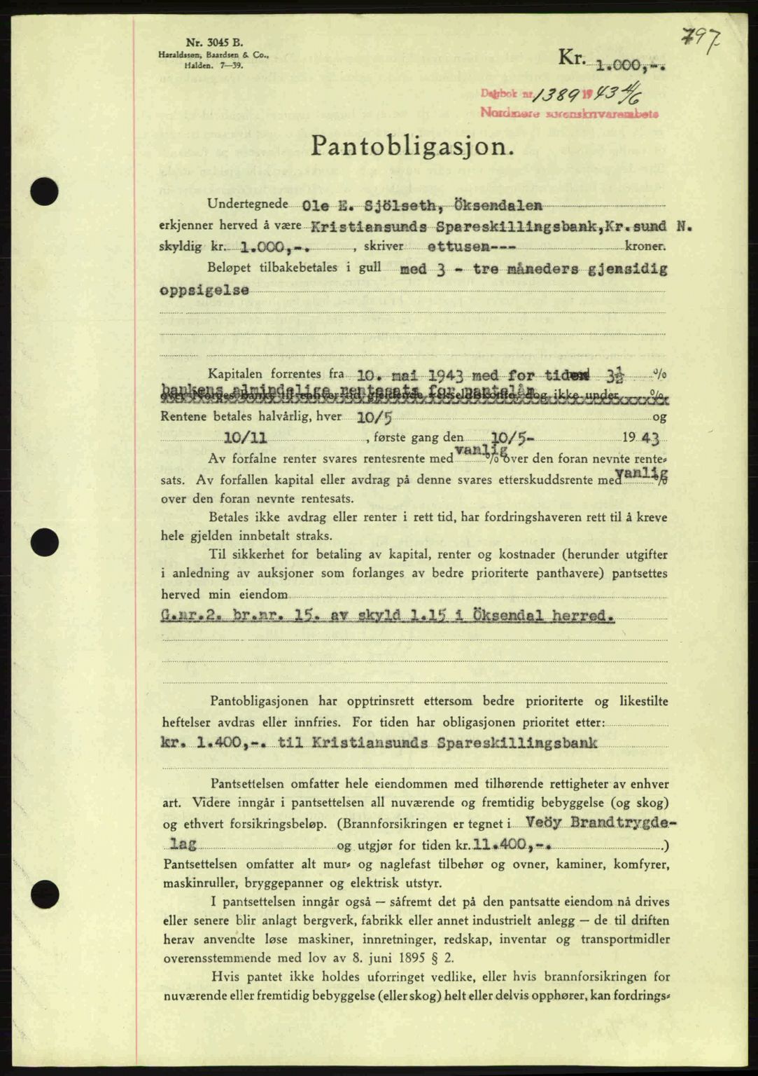 Nordmøre sorenskriveri, AV/SAT-A-4132/1/2/2Ca: Mortgage book no. B90, 1942-1943, Diary no: : 1389/1943