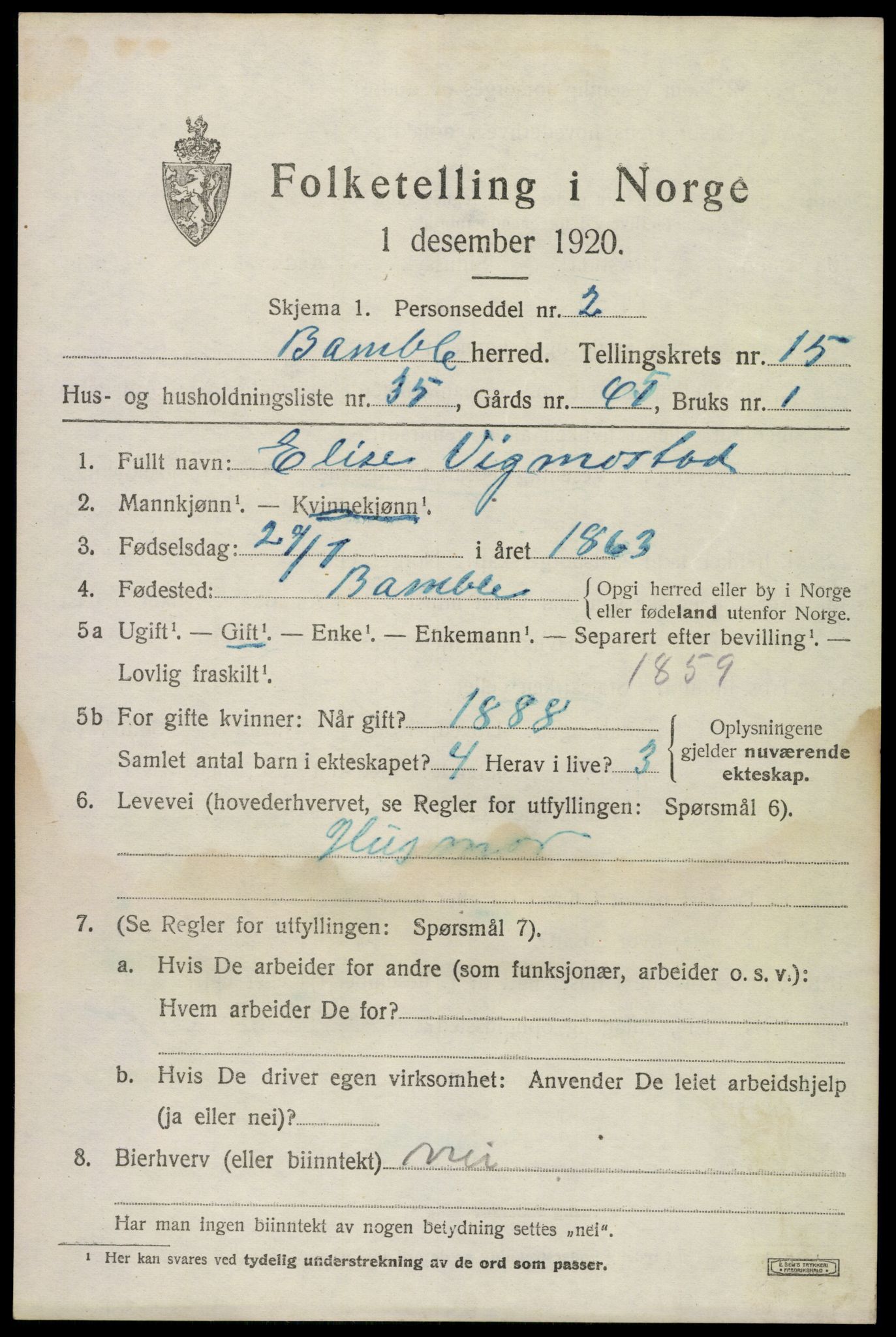 SAKO, 1920 census for Bamble, 1920, p. 11113