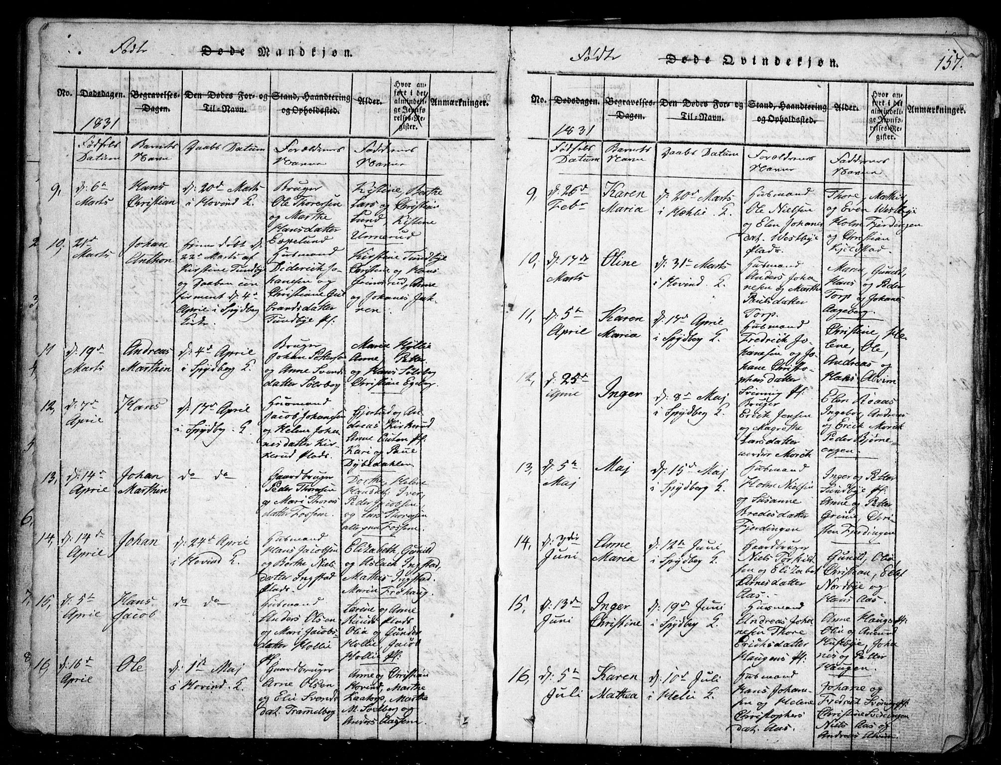 Spydeberg prestekontor Kirkebøker, AV/SAO-A-10924/G/Ga/L0001: Parish register (copy) no. I 1, 1814-1868, p. 157