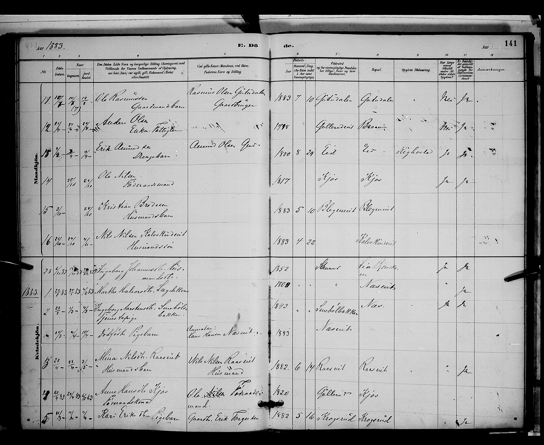 Gran prestekontor, SAH/PREST-112/H/Ha/Hab/L0003: Parish register (copy) no. 3, 1882-1890, p. 141