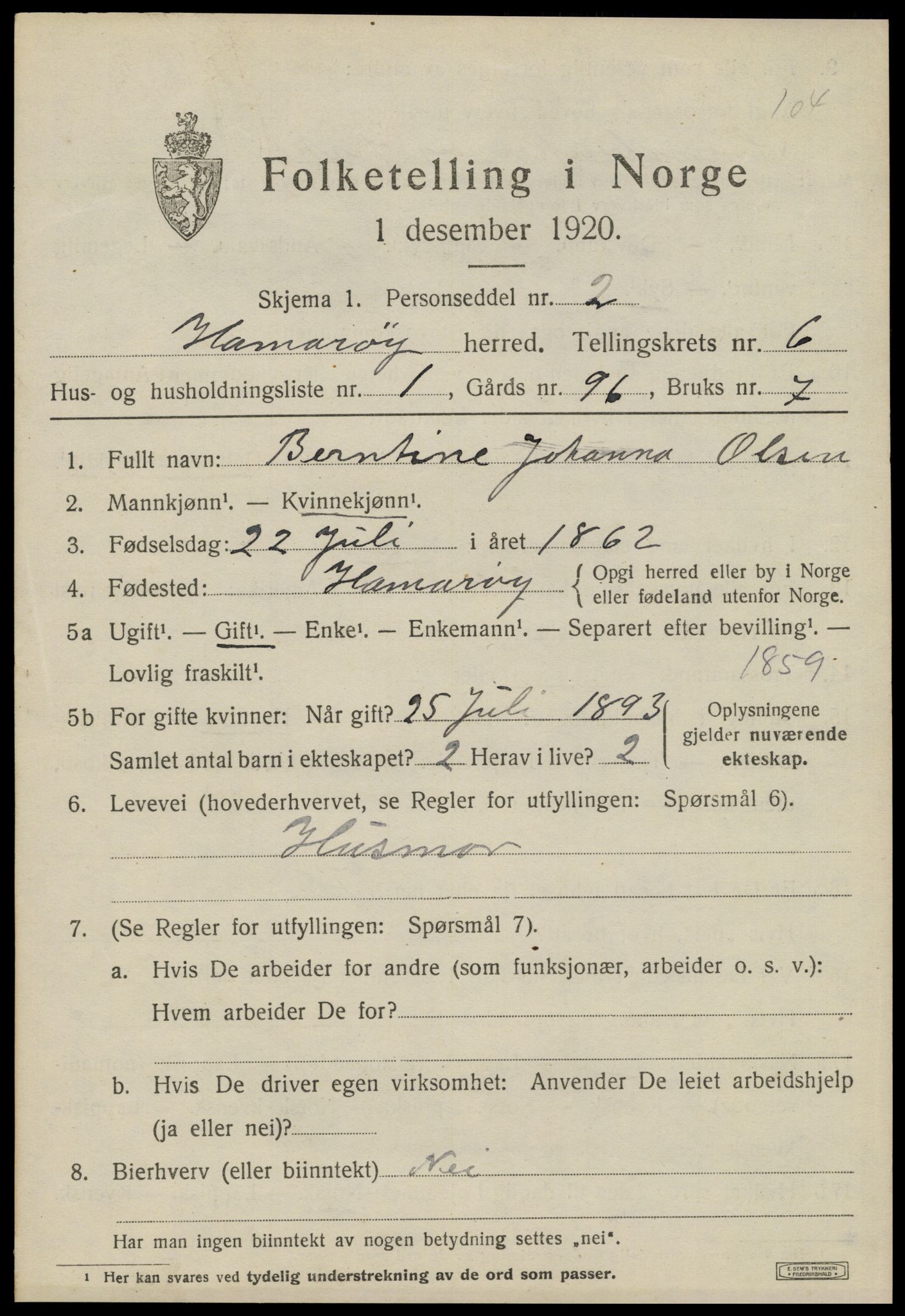 SAT, 1920 census for Hamarøy, 1920, p. 2944