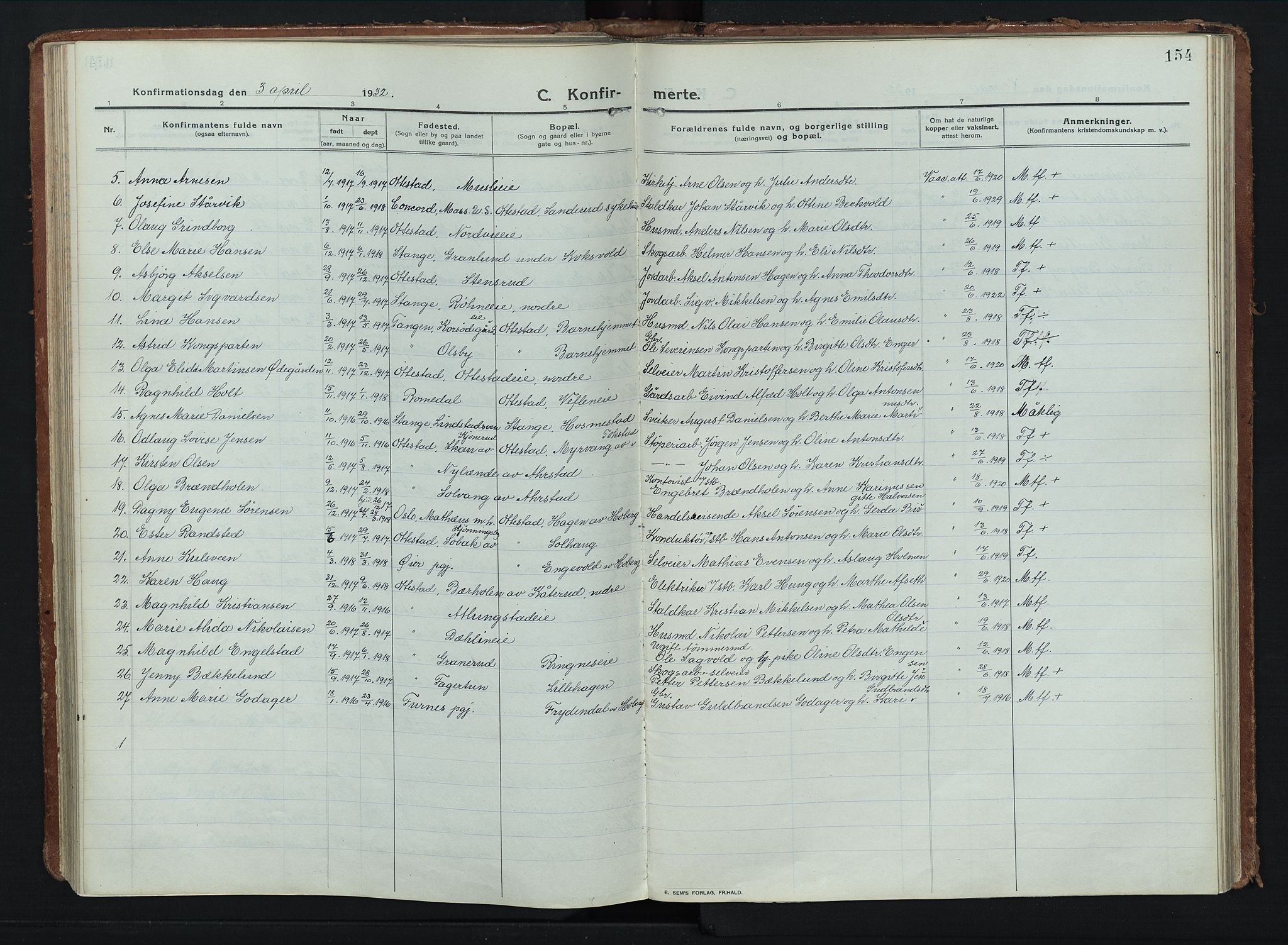 Stange prestekontor, AV/SAH-PREST-002/K/L0028: Parish register (official) no. 28, 1913-1932, p. 154