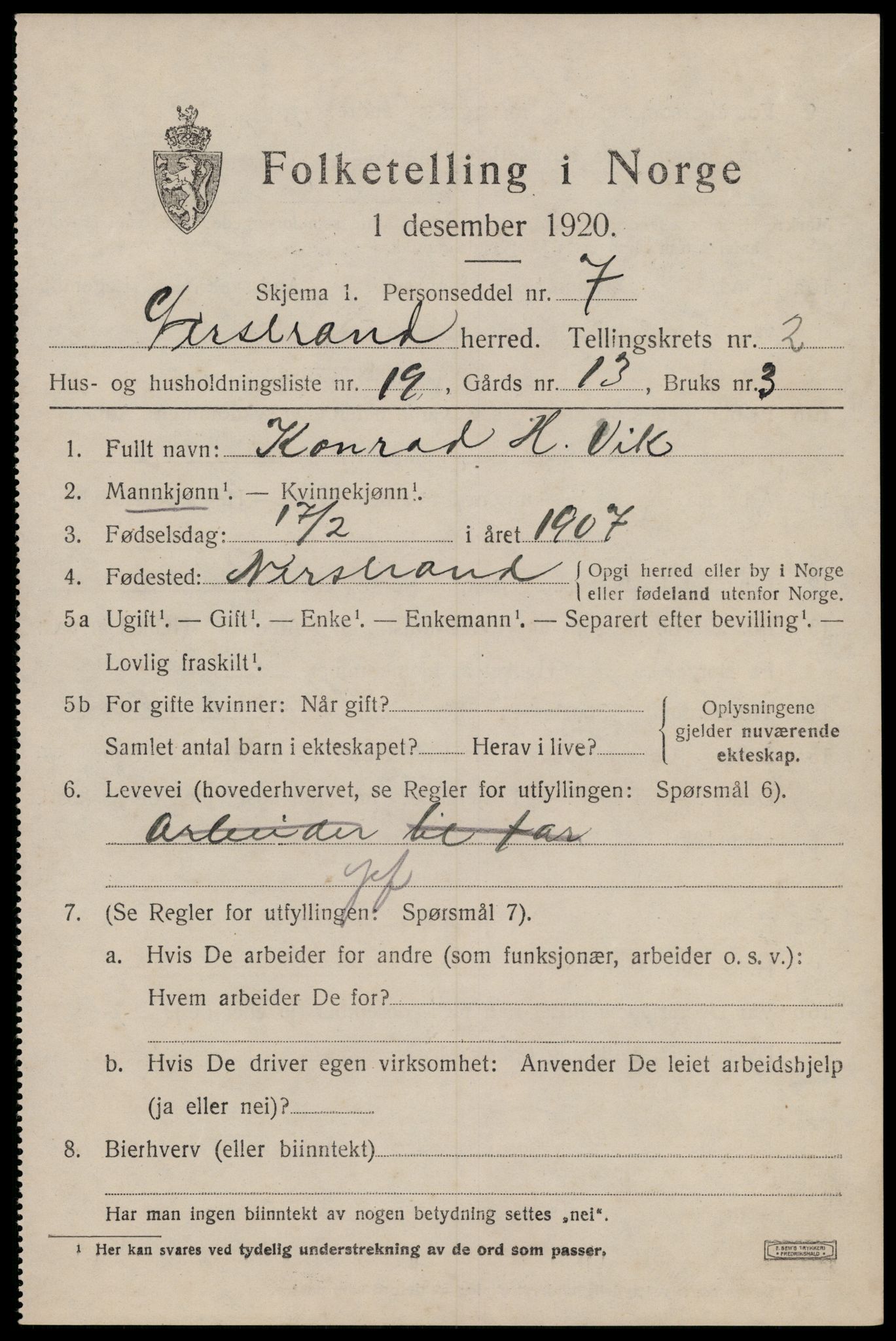 SAST, 1920 census for Nedstrand, 1920, p. 1183