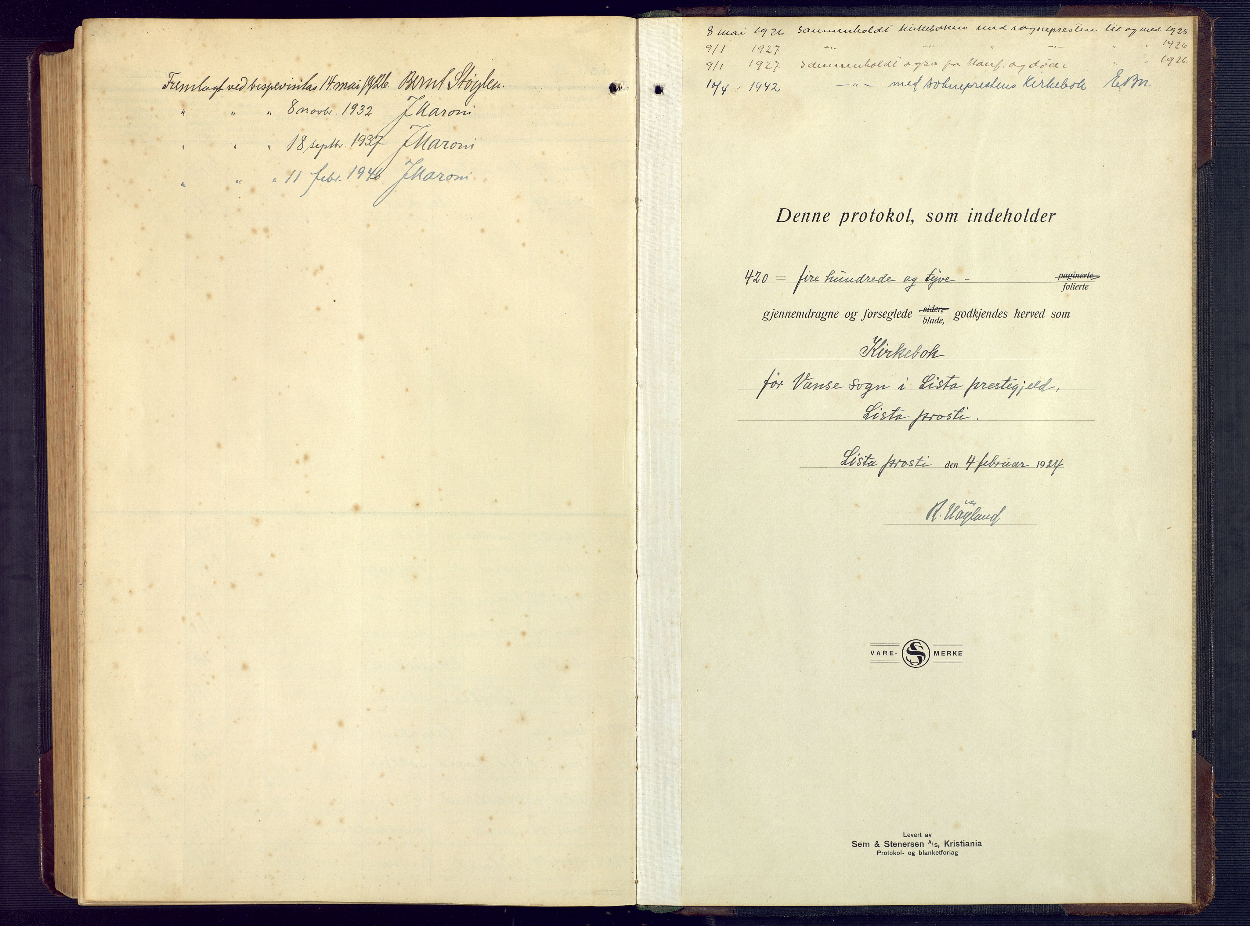 Lista sokneprestkontor, SAK/1111-0027/F/Fb/L0006: Parish register (copy) no. B 6, 1924-1947