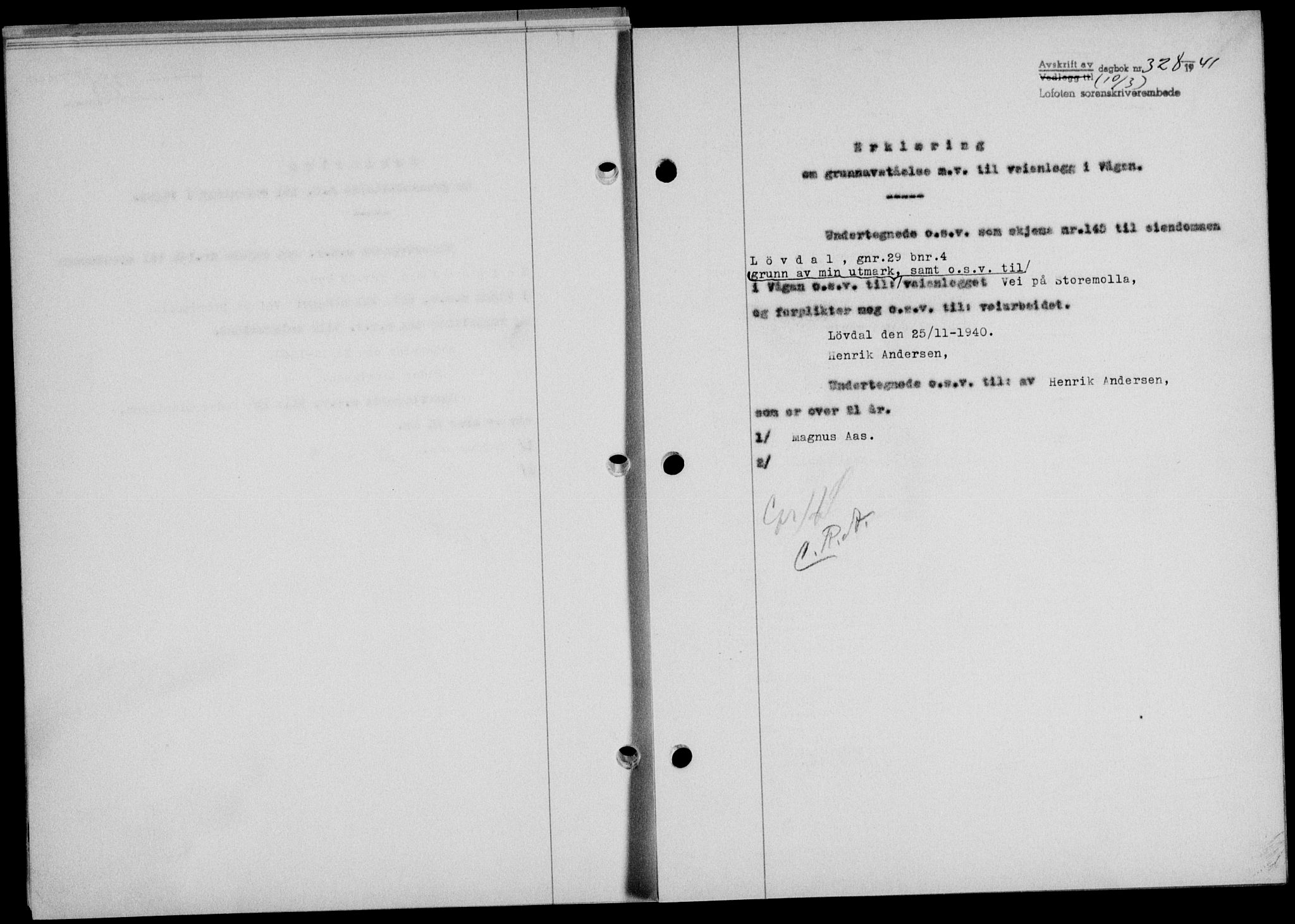 Lofoten sorenskriveri, SAT/A-0017/1/2/2C/L0008a: Mortgage book no. 8a, 1940-1941, Diary no: : 328/1941