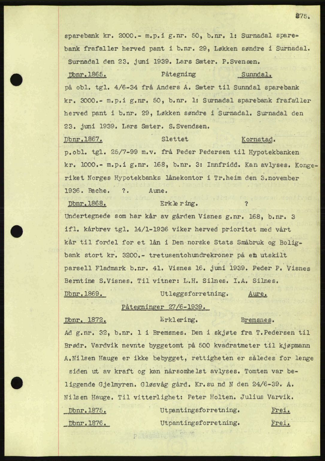 Nordmøre sorenskriveri, AV/SAT-A-4132/1/2/2Ca: Mortgage book no. C80, 1936-1939, Diary no: : 1865/1939