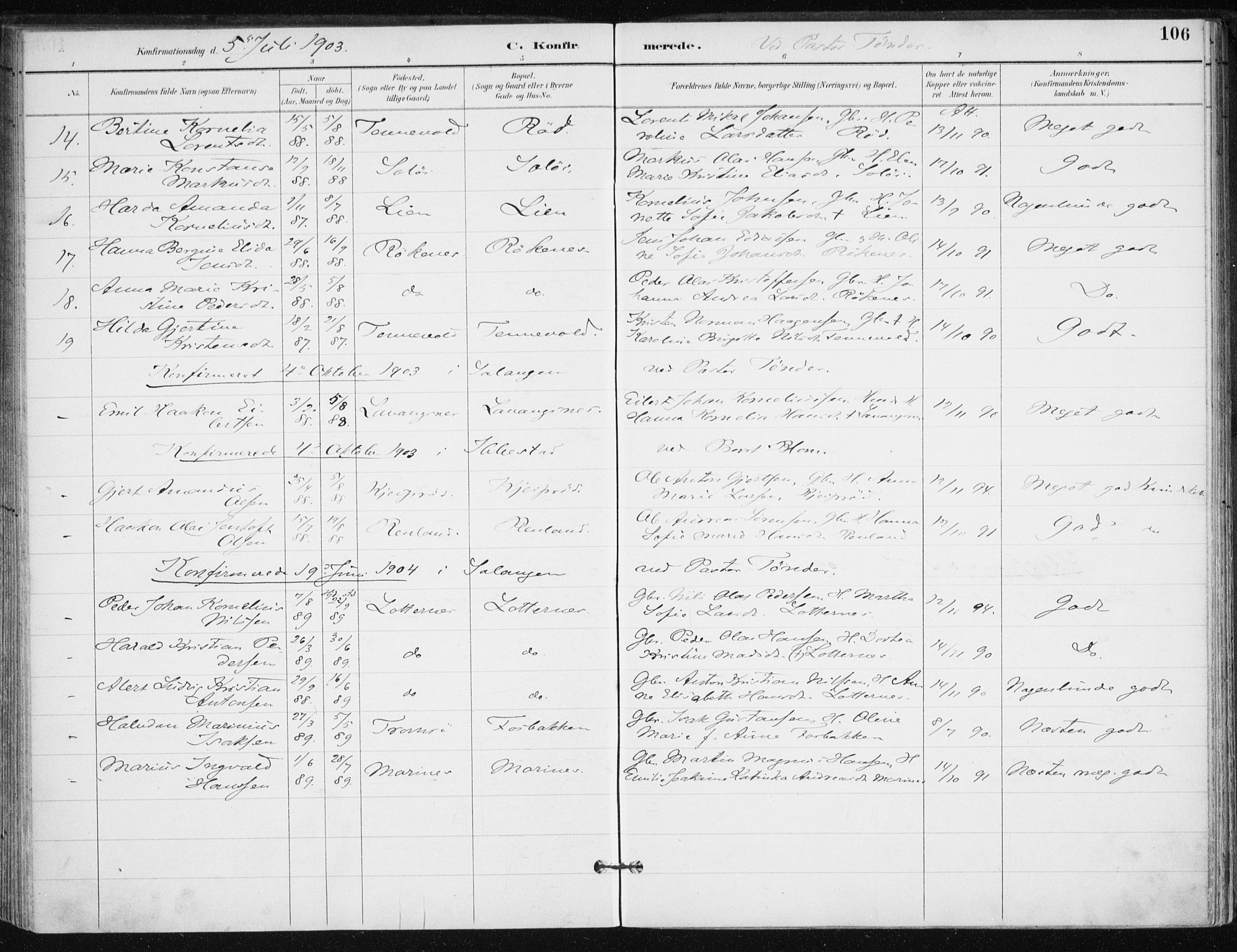 Salangen sokneprestembete, SATØ/S-1324/H/Ha/L0001kirke: Parish register (official) no. 1, 1893-1911, p. 106