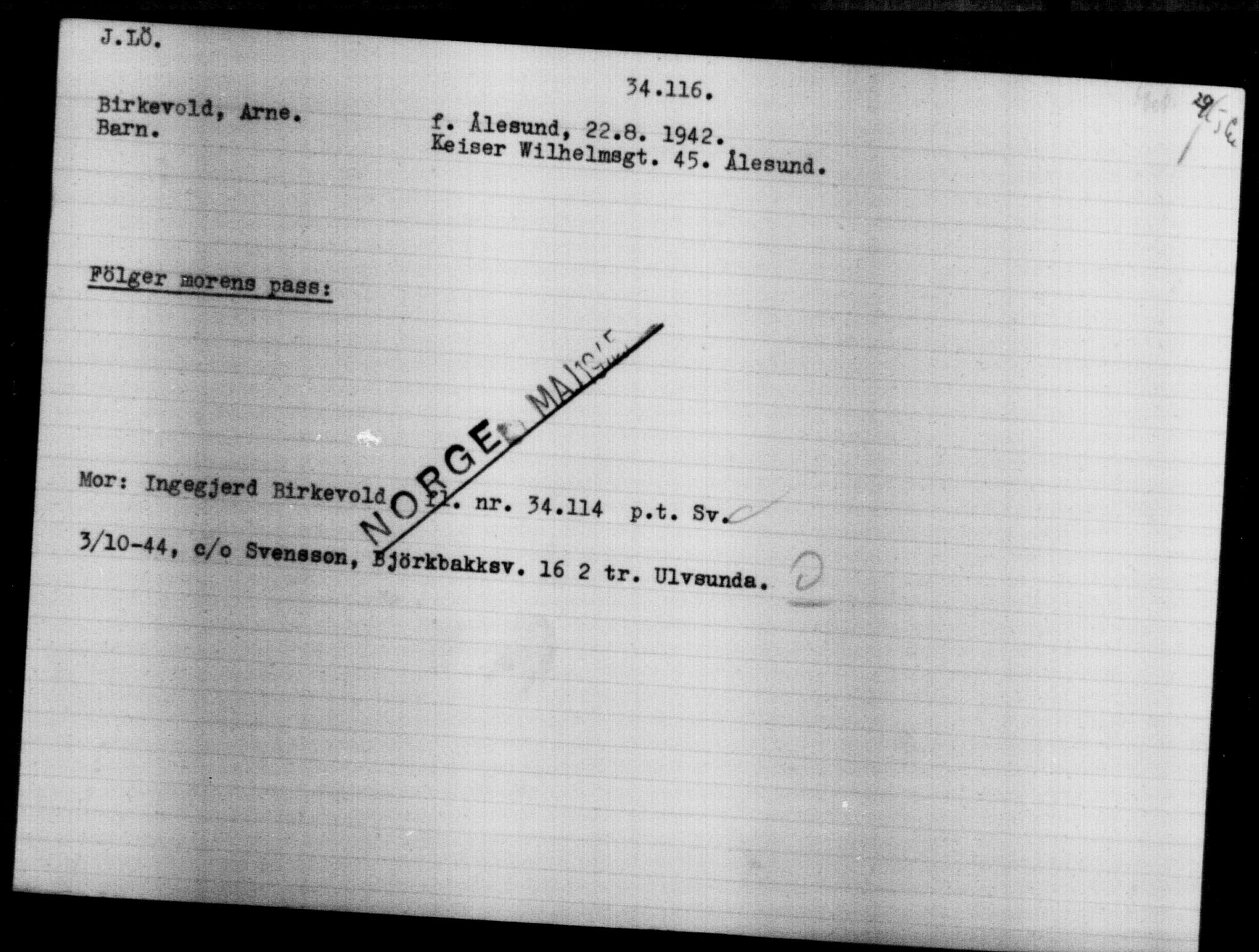 Utenriksstasjonene, Legasjonen i Stockholm, Flyktningkontoret, AV/RA-S-6753/V/Va/L0013: Kjesäterkartoteket, flyktninger med registreringsnr. 31500-34731, 1940-1945, p. 2761