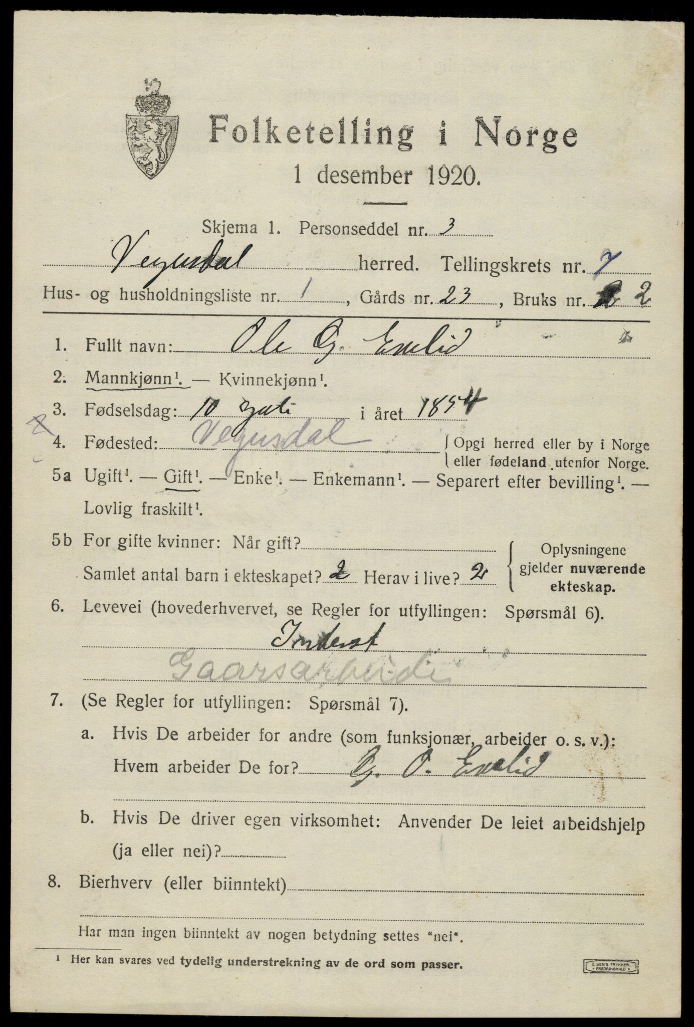 SAK, 1920 census for Vegusdal, 1920, p. 1675