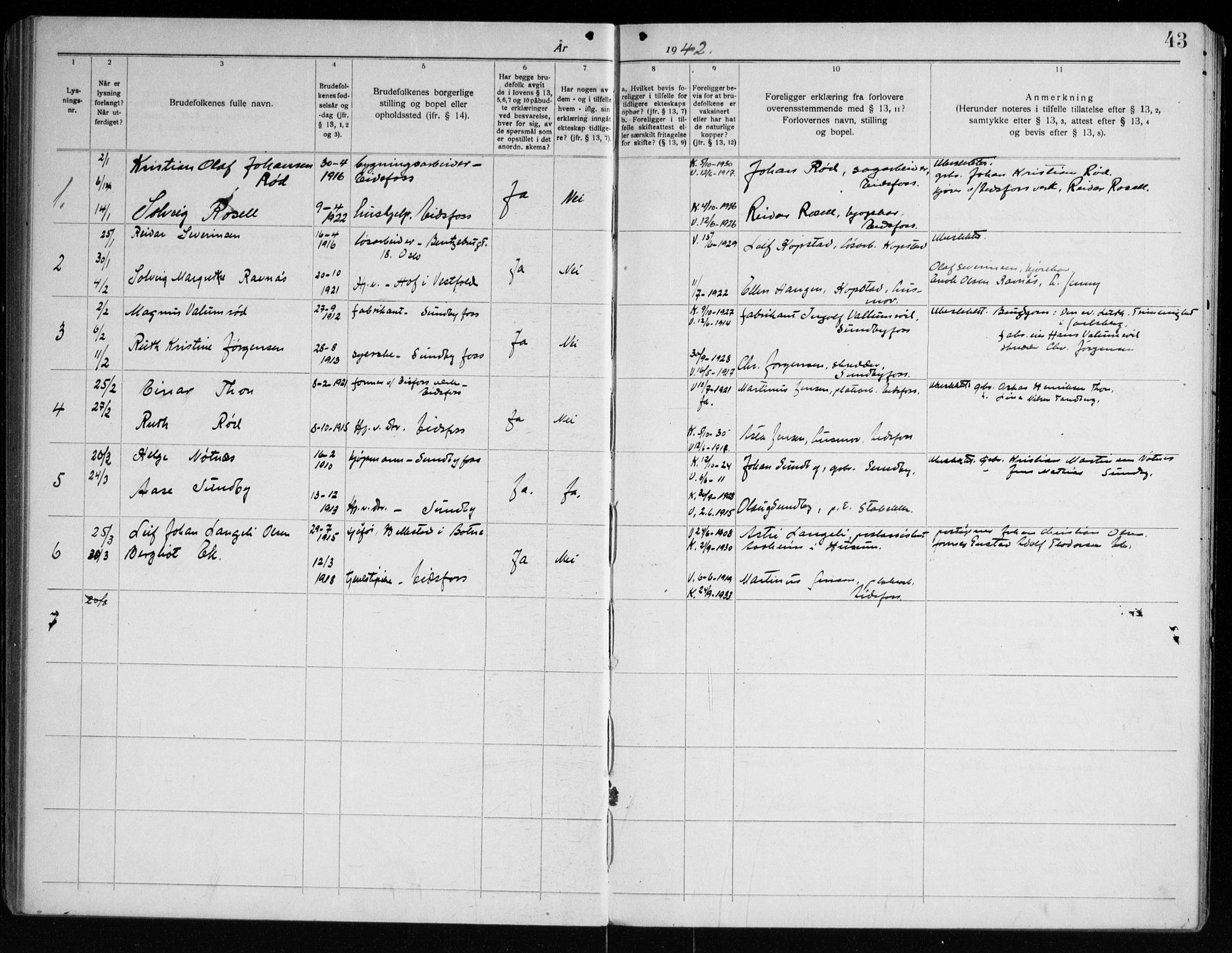 Hof kirkebøker, AV/SAKO-A-64/H/Ha/L0001: Banns register no. 1, 1919-1957, p. 43