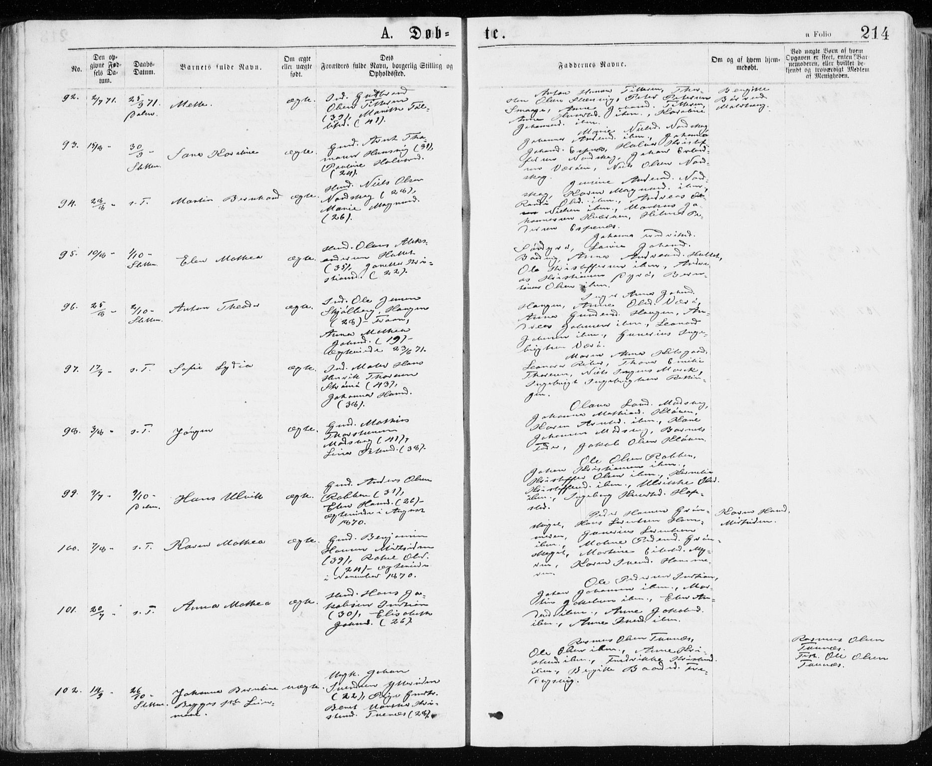 Ministerialprotokoller, klokkerbøker og fødselsregistre - Sør-Trøndelag, AV/SAT-A-1456/640/L0576: Parish register (official) no. 640A01, 1846-1876, p. 214