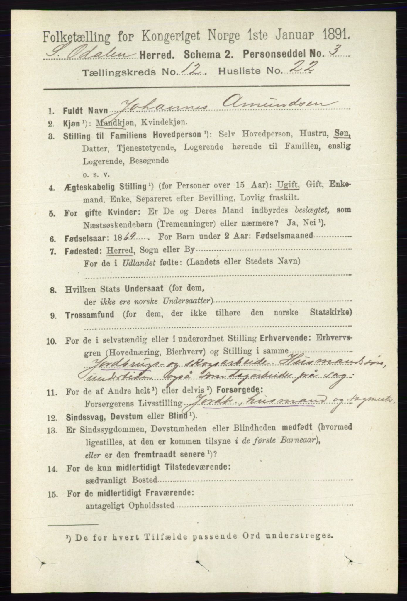 RA, 1891 census for 0419 Sør-Odal, 1891, p. 5487