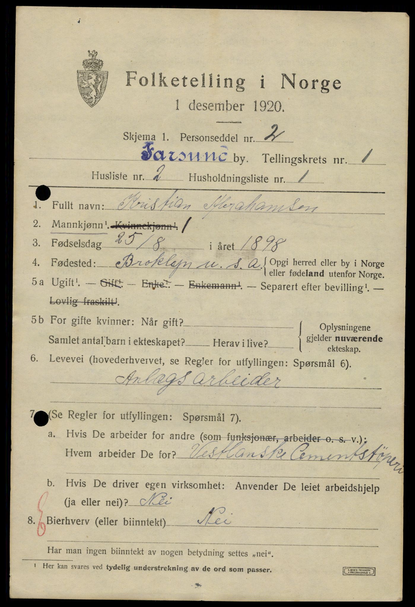 SAK, 1920 census for Farsund, 1920, p. 1225